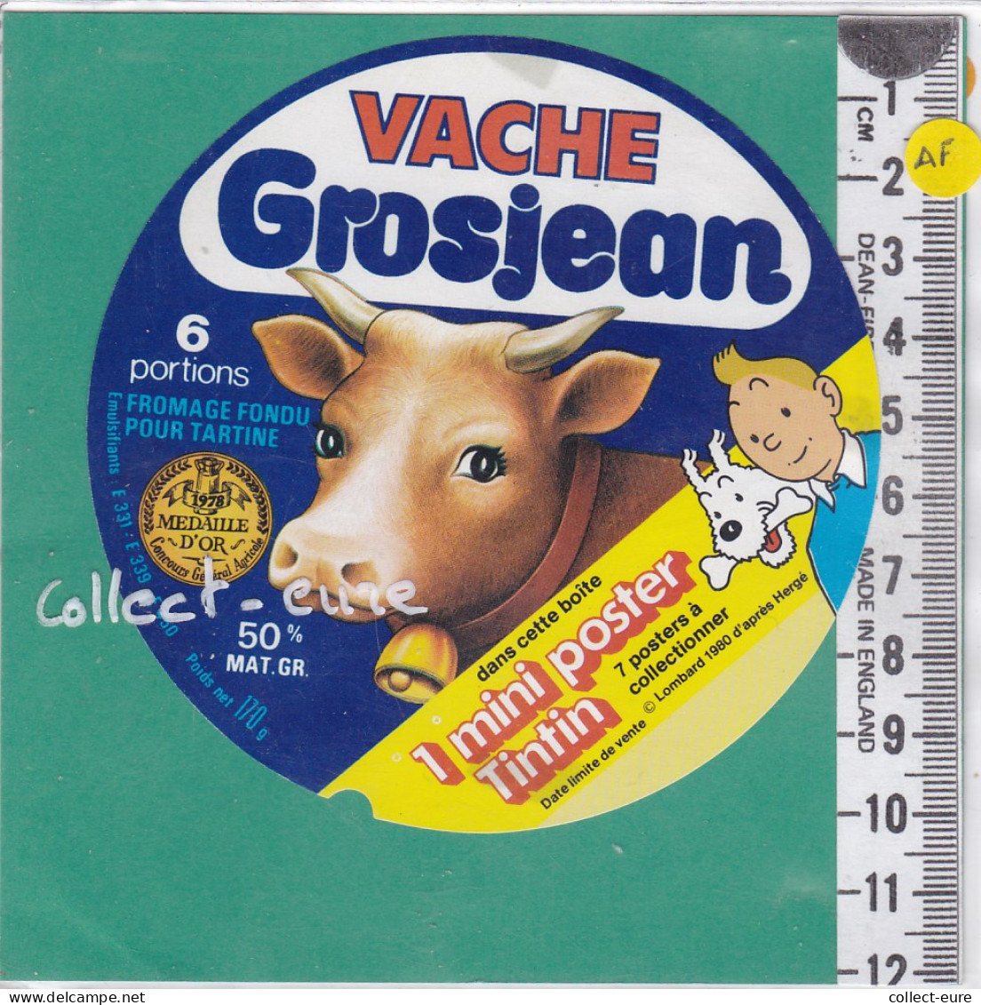 C1104 FROMAGE FONDU VACHE GROSJEAN  6 PORTIONS TINTIN MILOU 170 Gr LOMBARD 1980 MINI POSTER  - Fromage