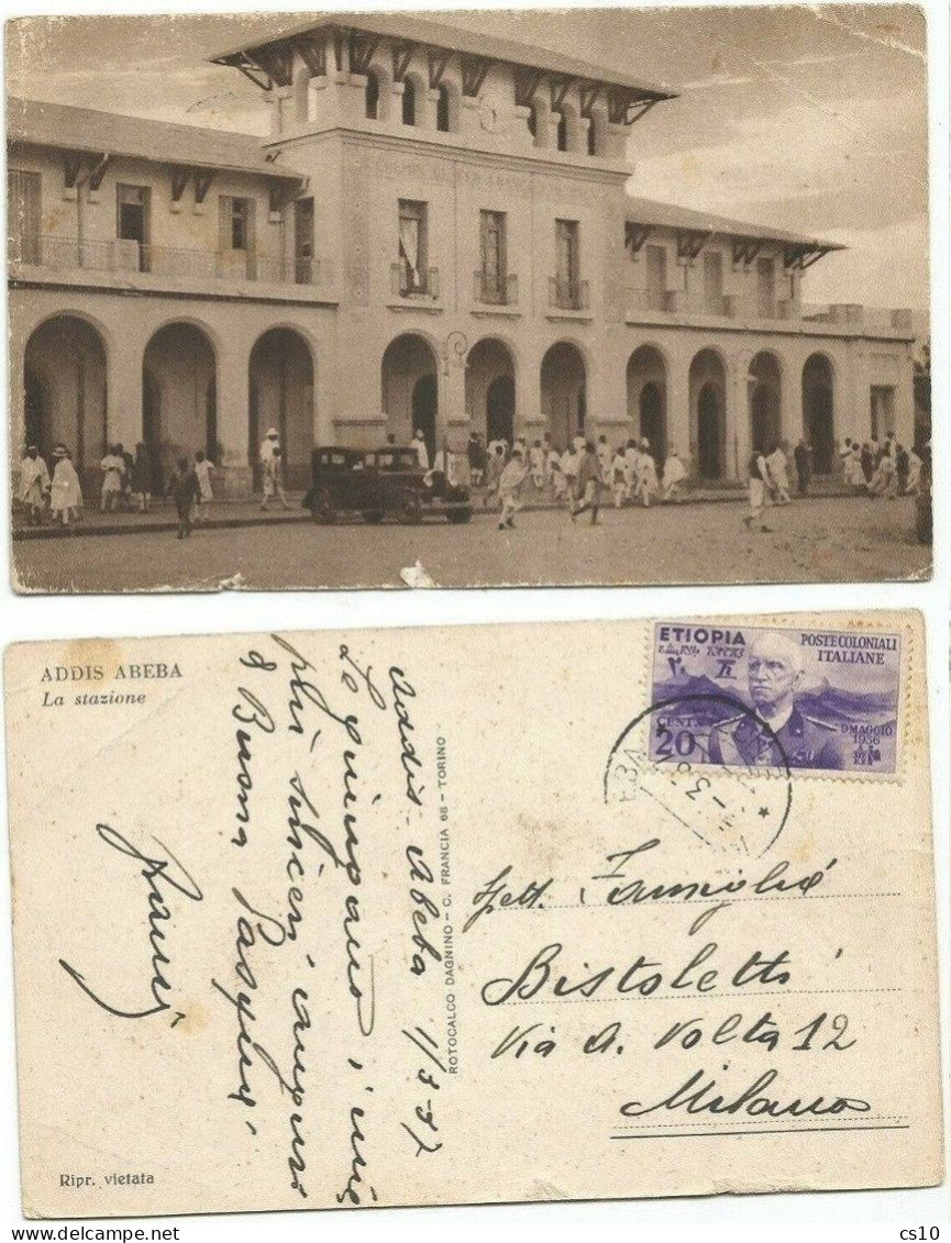 Etiopia Ethiopia Italy Colony Era Addis Abeba Railway Station B/w Pcard 3mar1937 With Colony Issue C.20 Solo - Ethiopie