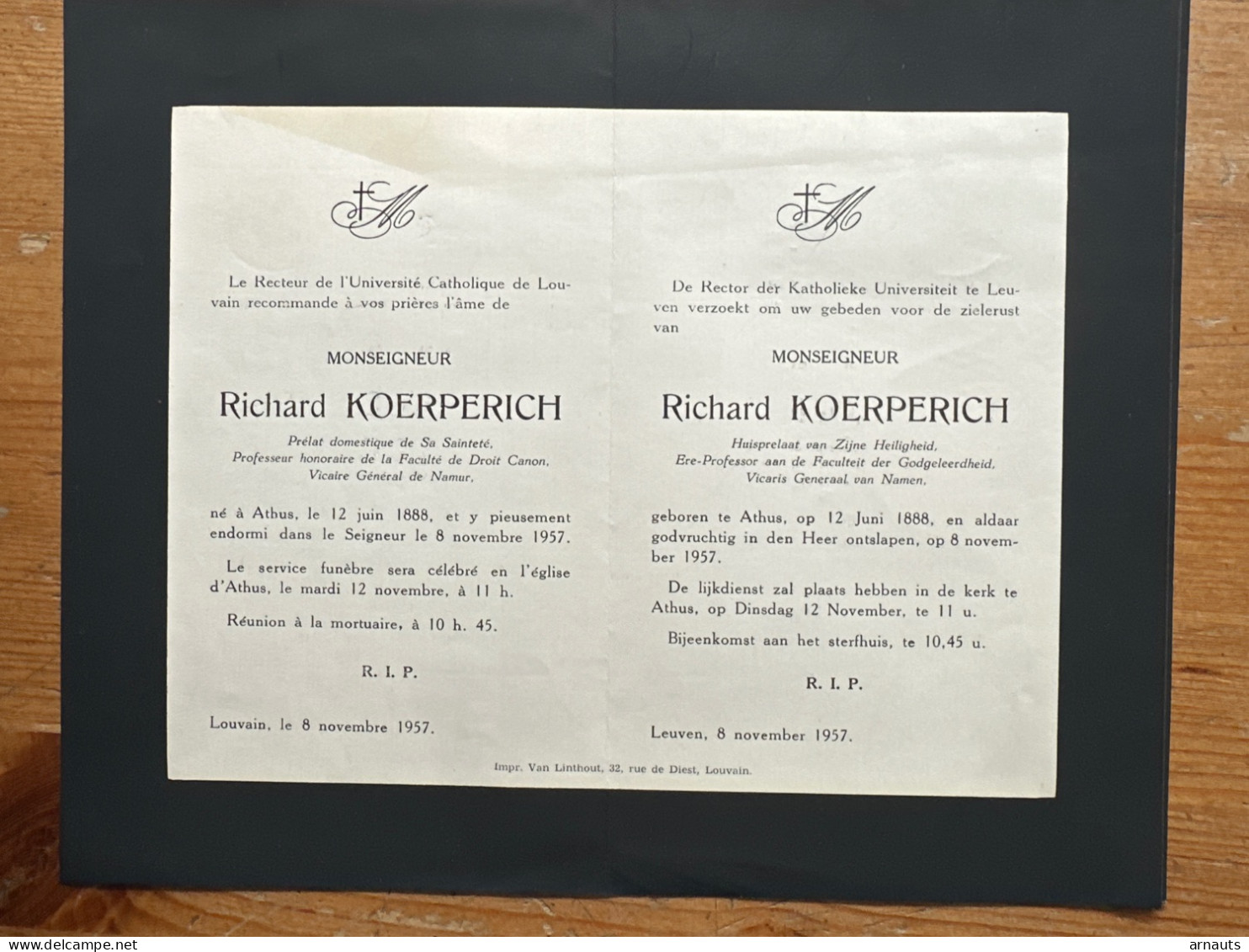 Rector Kath. Univ Leuven KUL U Gebed Monseigneur Richard Koerperich Huisprelaat Zijne Heiligheid *1888+1957 Athus Namur - Obituary Notices