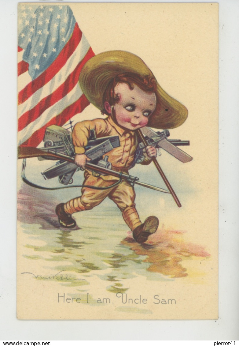 Illustrateur CASTELLI - Jolie Carte Fantaisie Enfant Soldat Avec Drapeau Américain "Hère I Am Uncle Sam " - N° 347-6 - Castelli