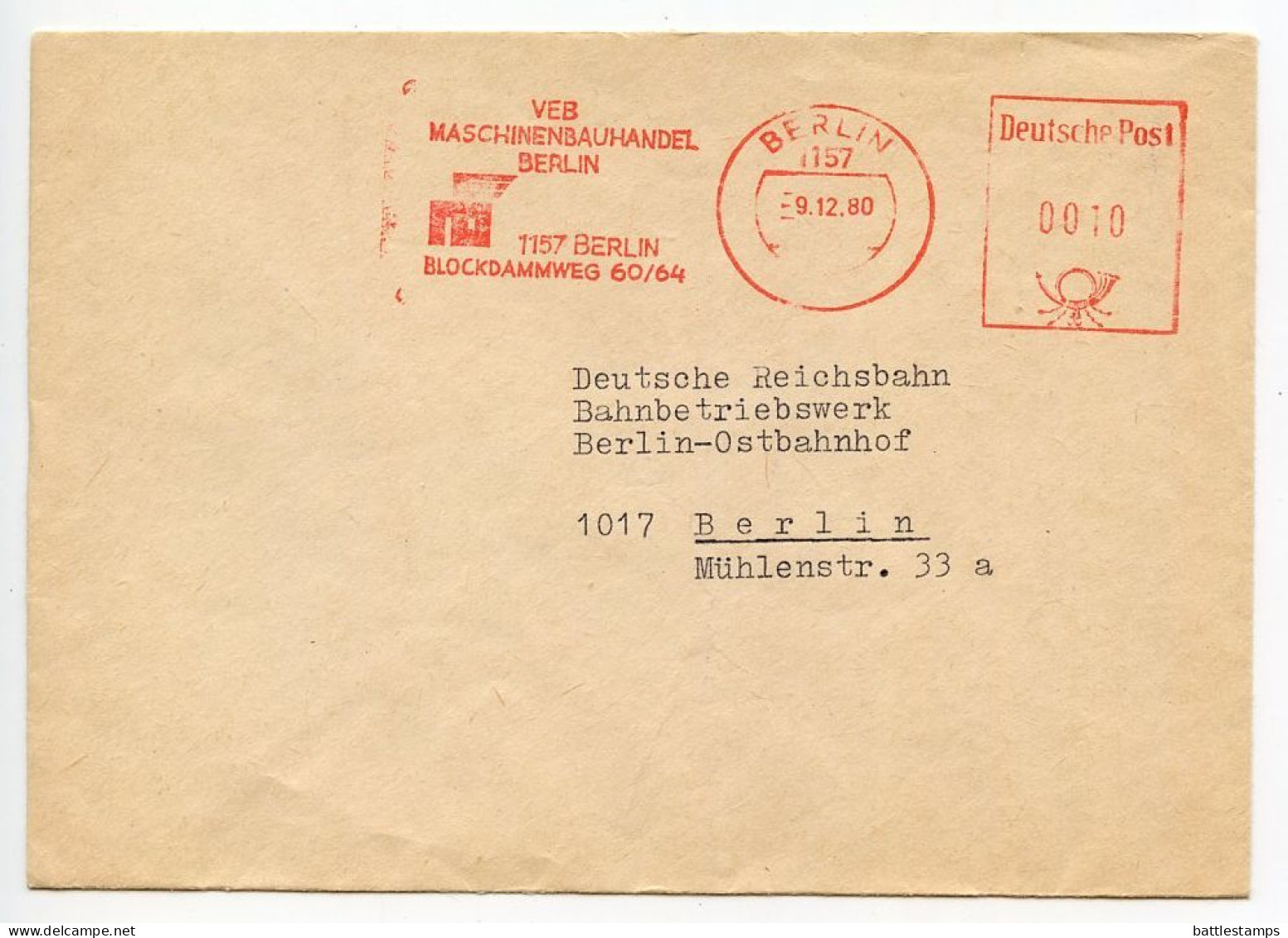 Germany, East 1980 Meter Cover; Berlin - VEB Machinebauhandel Berlin To Deutsche Reichsbahn - Macchine Per Obliterare (EMA)