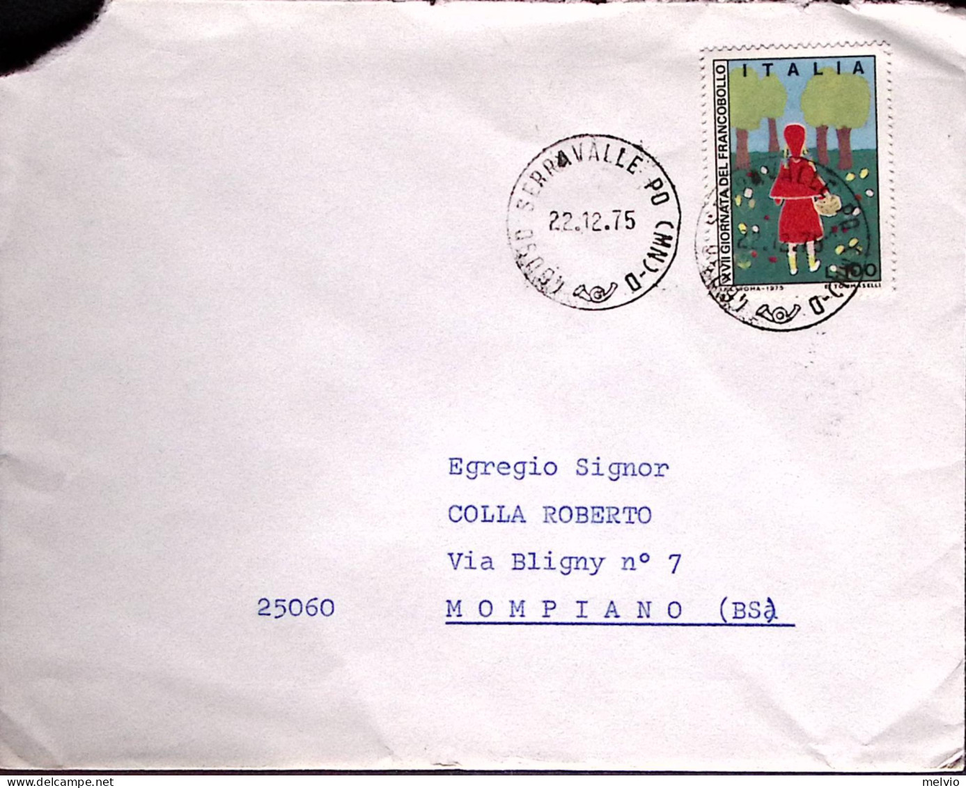 1975-GIORNATA FRANCOBOLLO'75 Lire 100 Isolato Su Busta Serravalle Po (22.12) - 1971-80: Storia Postale