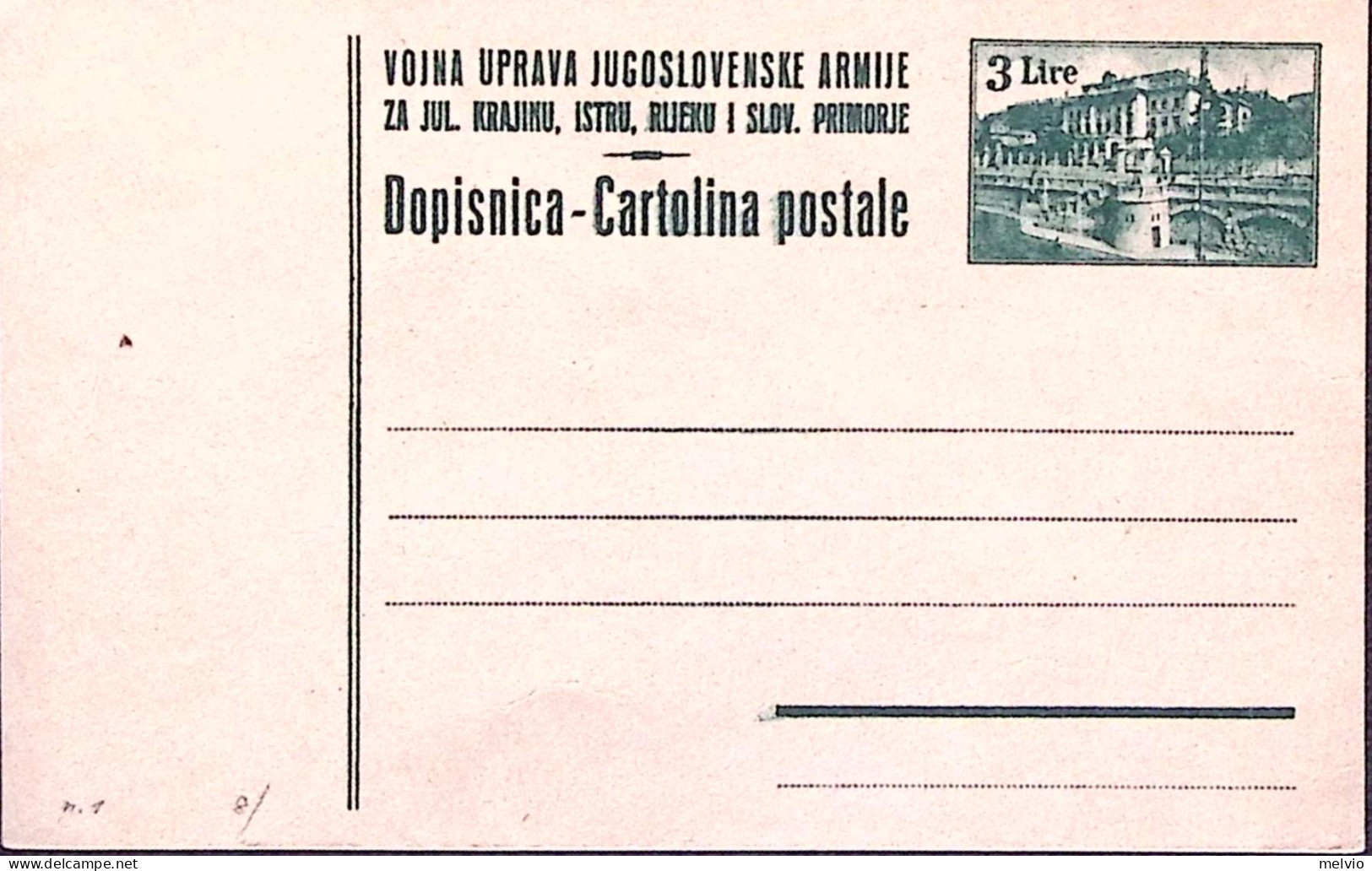 1946-Istria Ammin.Militare Jugoslava Cartolina Postale Lire 3 Verde Su Camoscio  - Yugoslavian Occ.: Istria