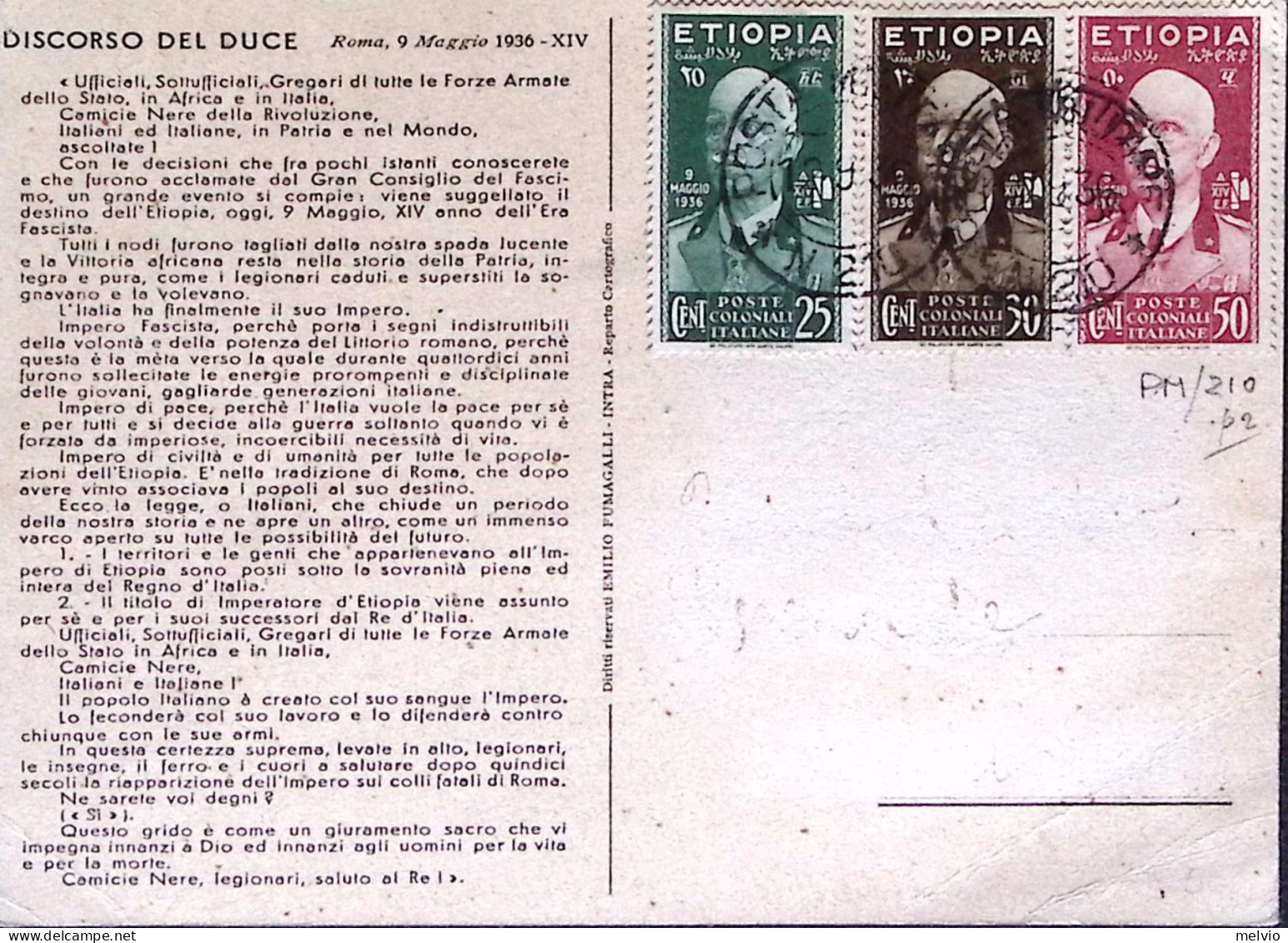 1936-CHLORODONT Carta Impero Etiopico Italiano Ed Al Verso Discorso Del Duce Via - Ethiopie