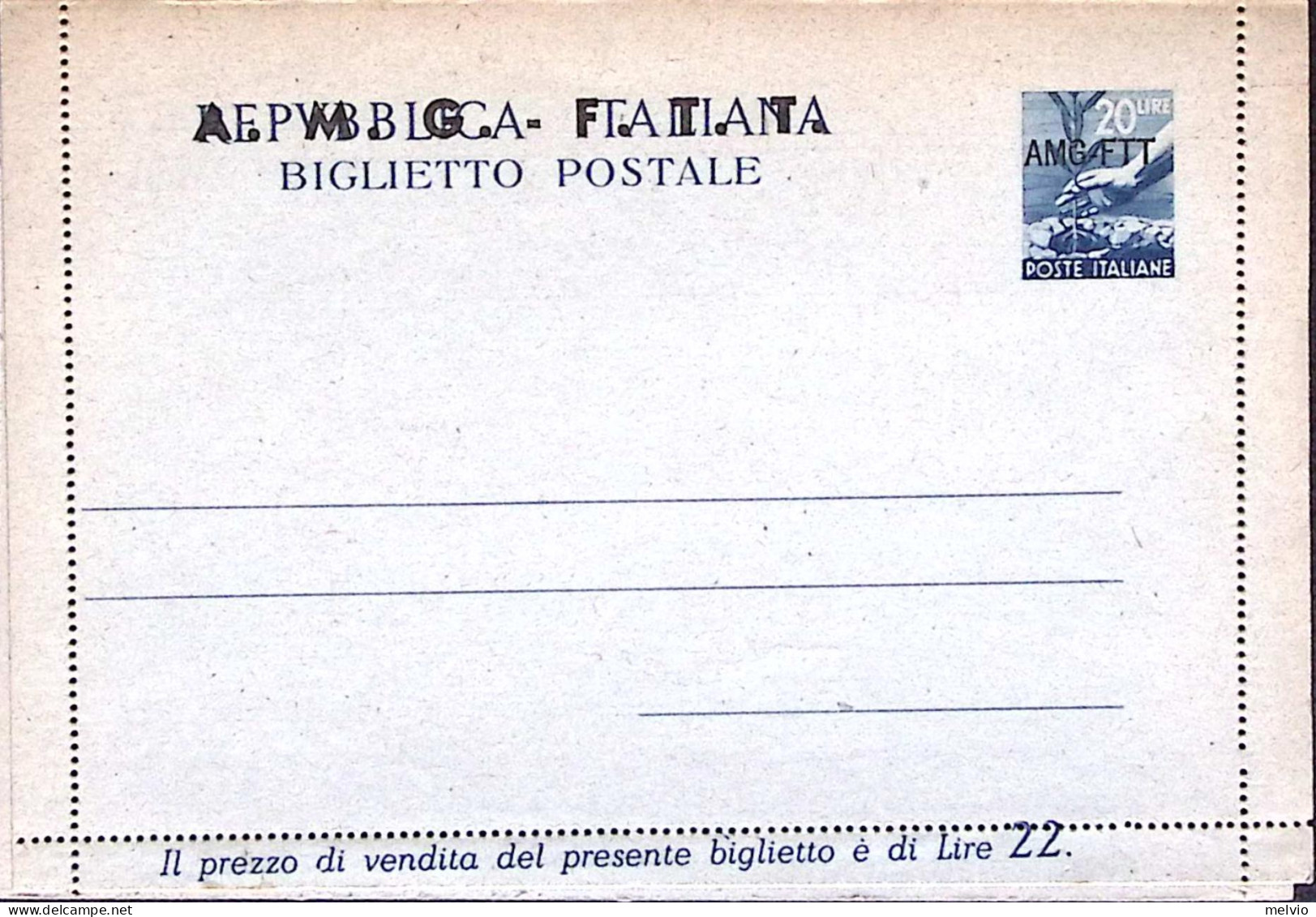 1949-AMG-FTT Biglietto Postale Democratica Lire 20 Nuovo Doppia Soprastampa - Marcophilia