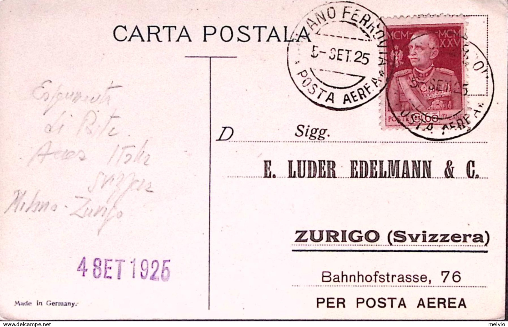 1925-Esperimento Posta Aerea MILANO-ZURIGO Annullo Milano (5.9) Su Cartolina Aff - Marcophilia (AirAirplanes)