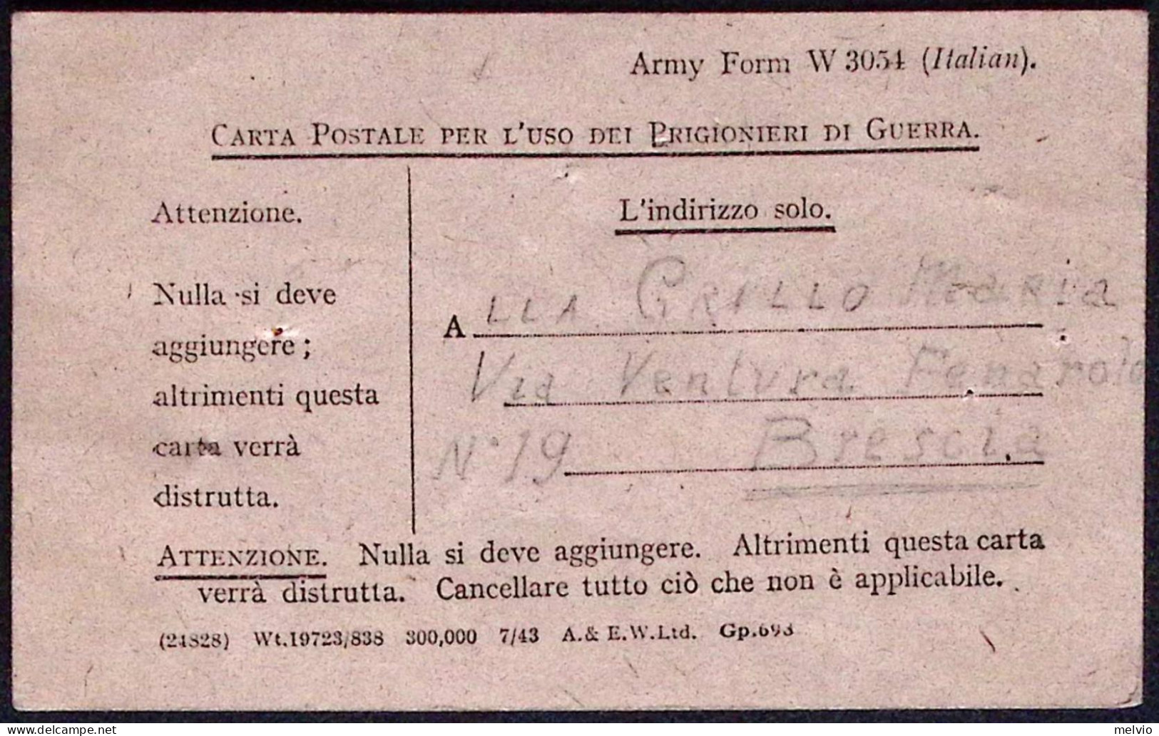 1945-Army Form W 3054 Carta Postale In Franchigia Per Uso Prigionieri Di Guerra  - Weltkrieg 1939-45