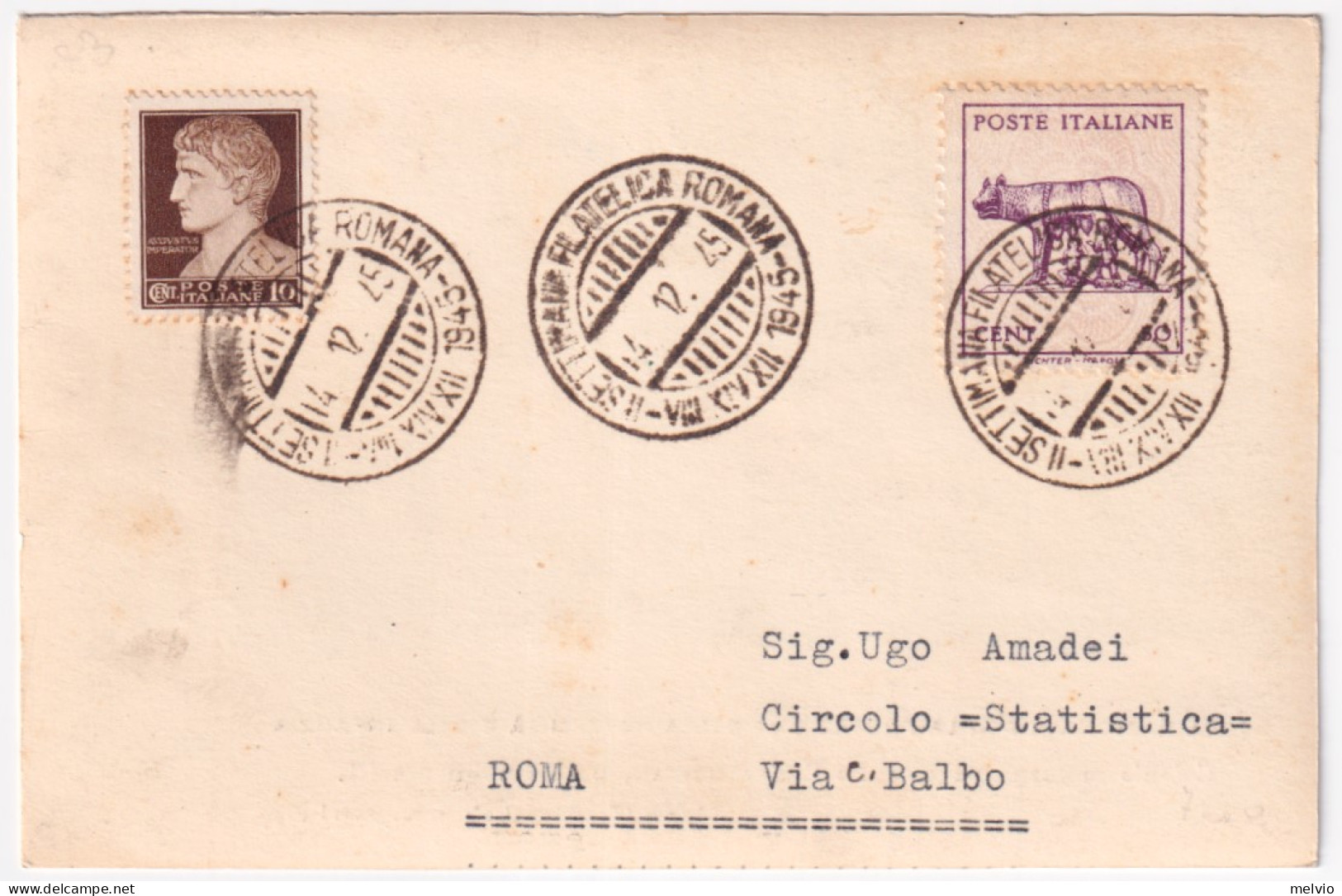 1945-ROMA Settimana Filatelica (14.12) Annullo Speciale Su Cartolina (Acuto Colo - Expositions