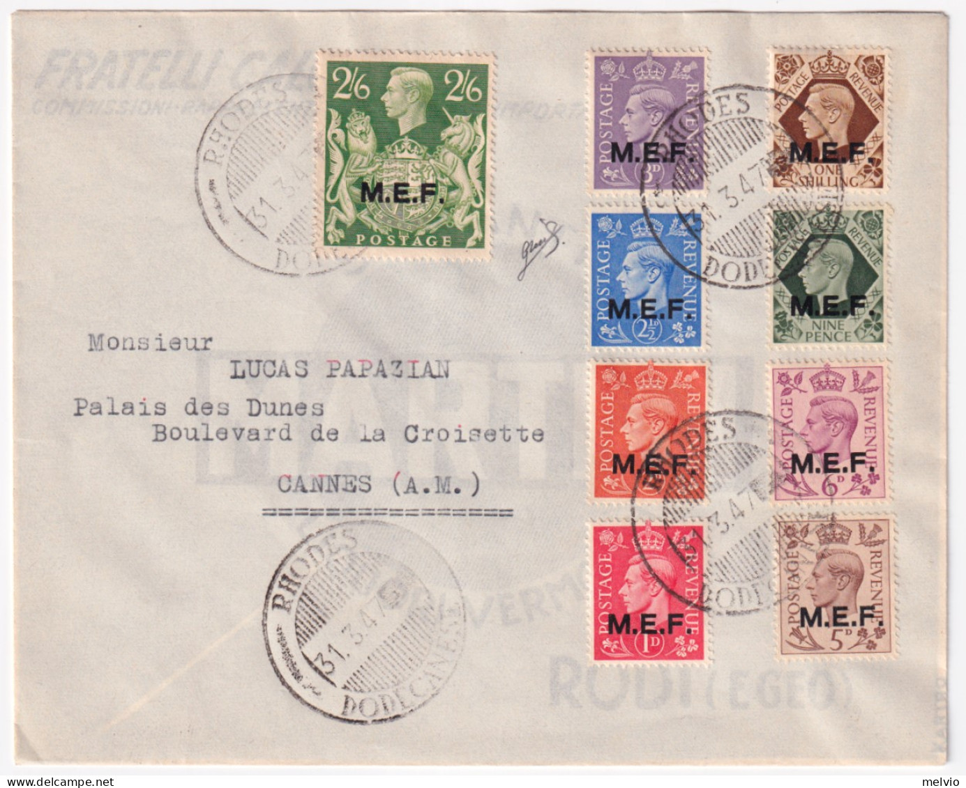 1947-M.E.F. Nove Valori (da P.1 As.2,6) Su Busta Rhodes (31.3 Ultimo Giorno Vali - Occ. Britanique MEF