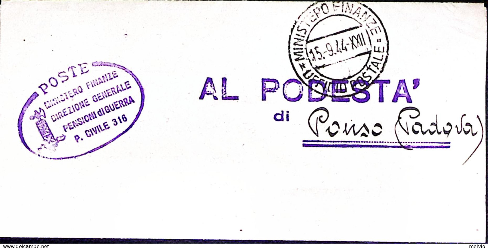 1944-Posta Civile 316 Ovale E Ministero Finanze/Ufficio Postale C.2 (15.9) Su Pi - Weltkrieg 1939-45