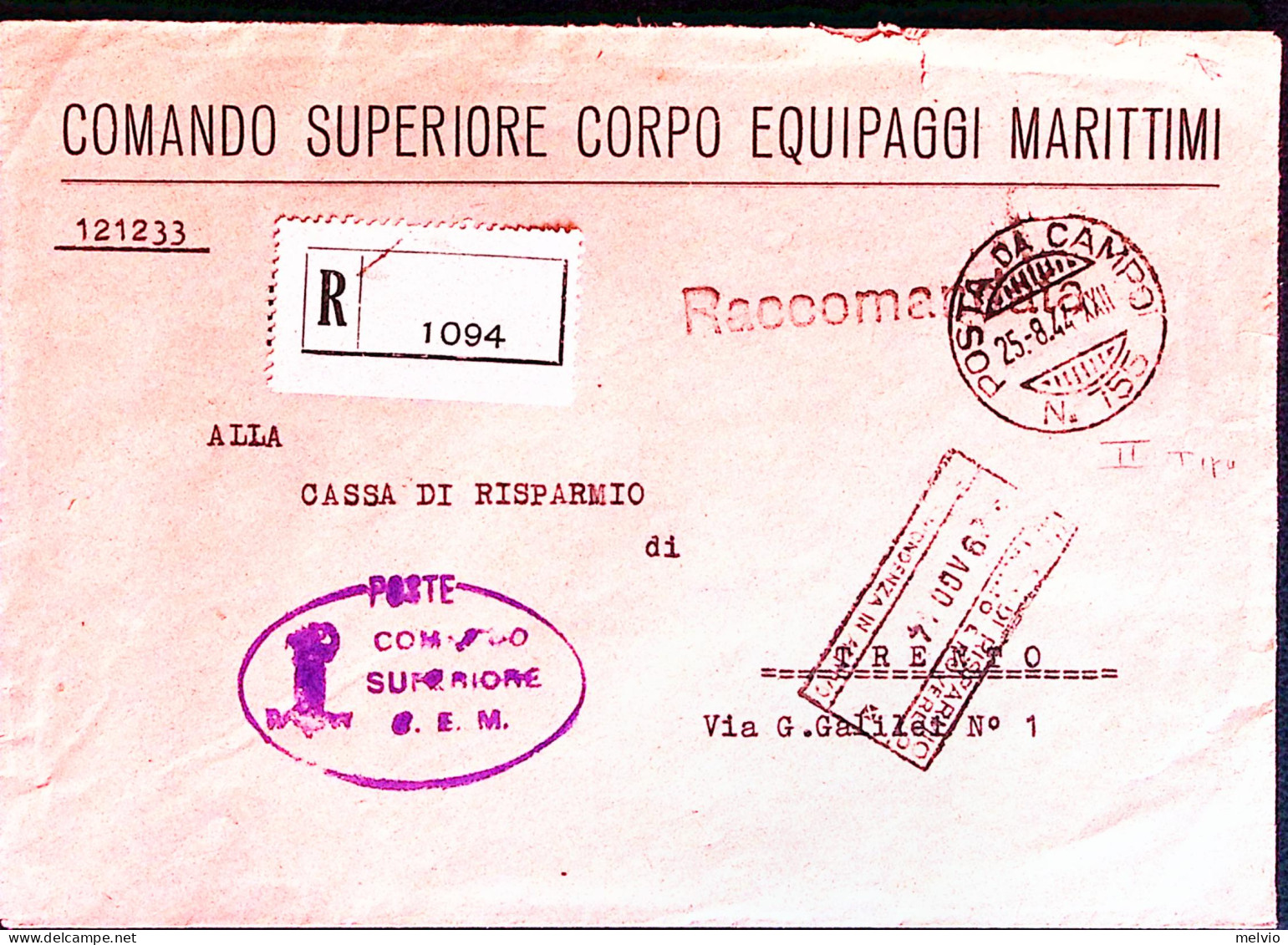 1944-Posta Da Campo/n.755 C.2 (25.8) Su Raccomandata Di Servizio Intestata A Sta - Weltkrieg 1939-45