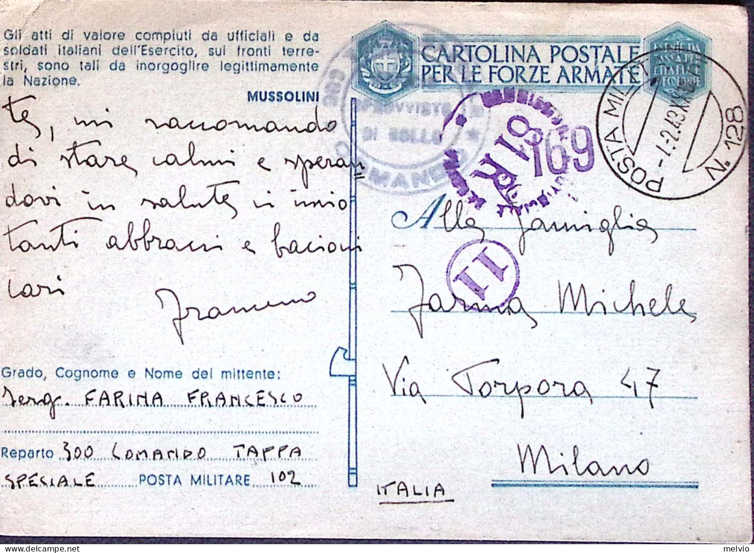 1943-Posta Militare/n.128 C.2 (4.2 Ultima Data Conosciuta RR) Su Cartolina Franc - War 1939-45