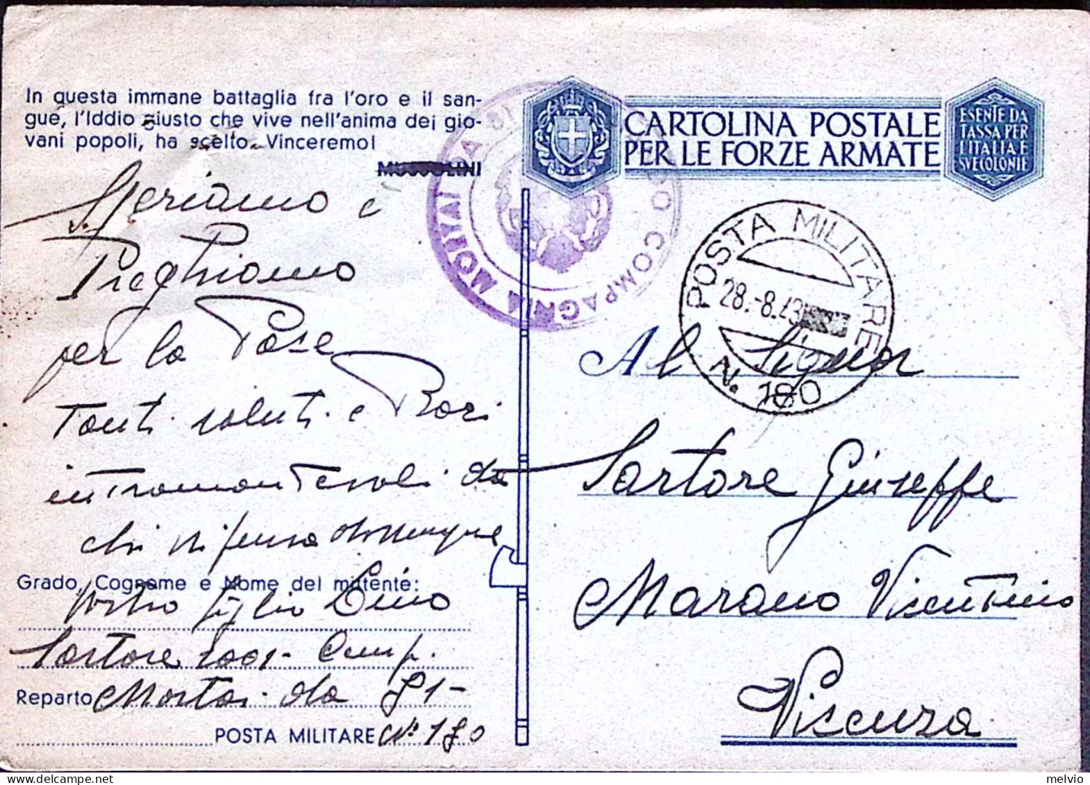 1943-Posta Militare/n.180 C.2 (28.8 Cat.Marchese P.ti 11) Su Cartolina Franchigi - War 1939-45