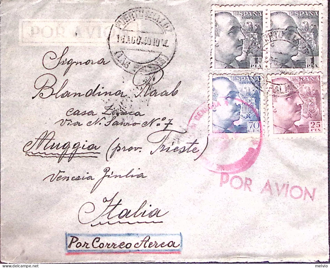1940-PIROSCAFO IDA Manoscritto Al Verso Di Busta Via Aerea, Affrancata Spagna C. - War 1939-45