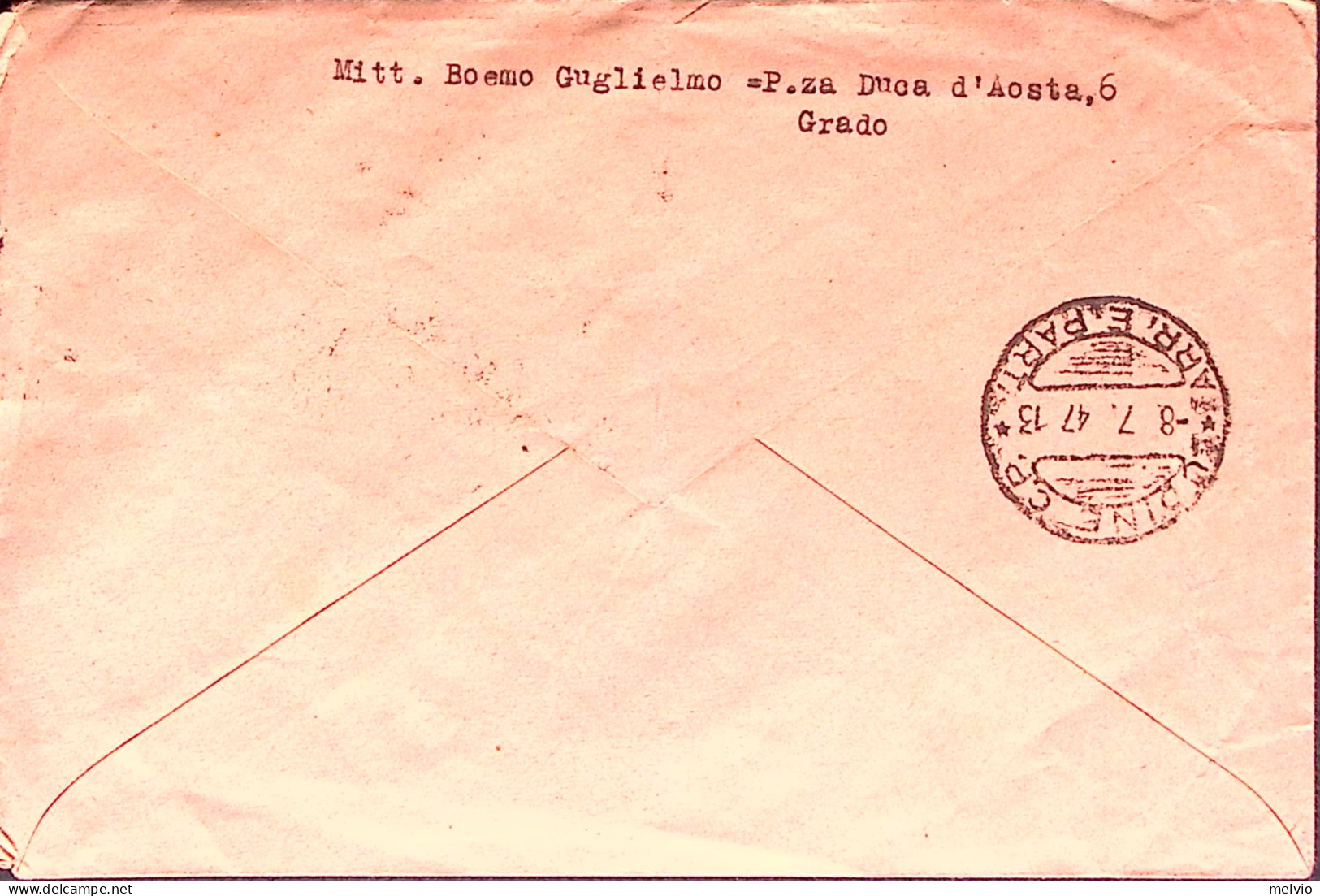 1947-A.M.G.-V.G. Grado C.2 (8.7) Su Busta Affrancata Imperiale S.F. Lire 2 + Dem - Marcophilie