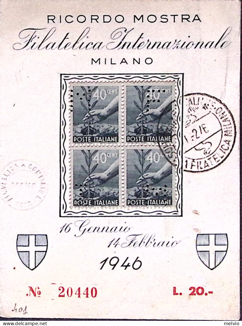 1946-PERFORATI M.F.I.M. (mostra Filatelica Internazionale Milano) Su Democratica - Expositions
