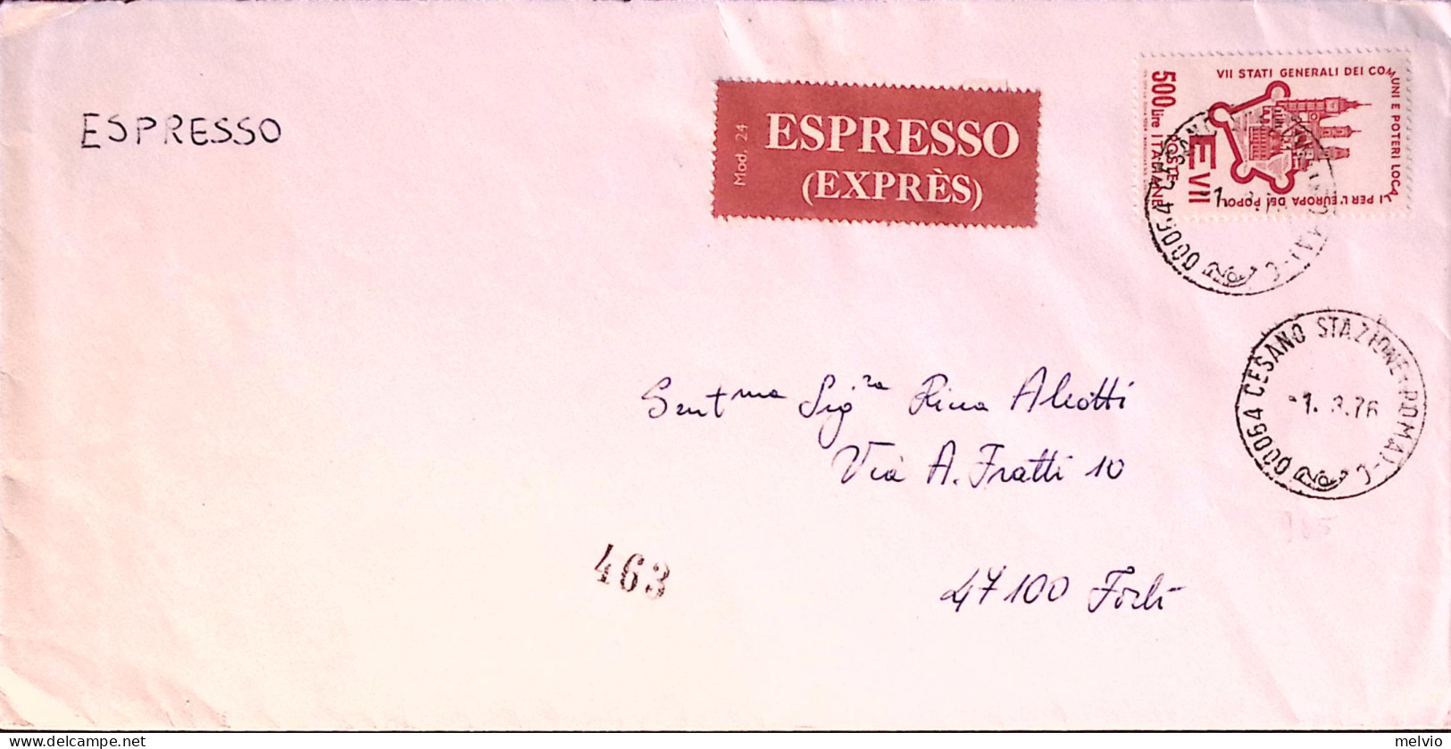 1976-STATI GENERALI Lire 500 Isolato Su Busta Espresso - 1971-80: Storia Postale