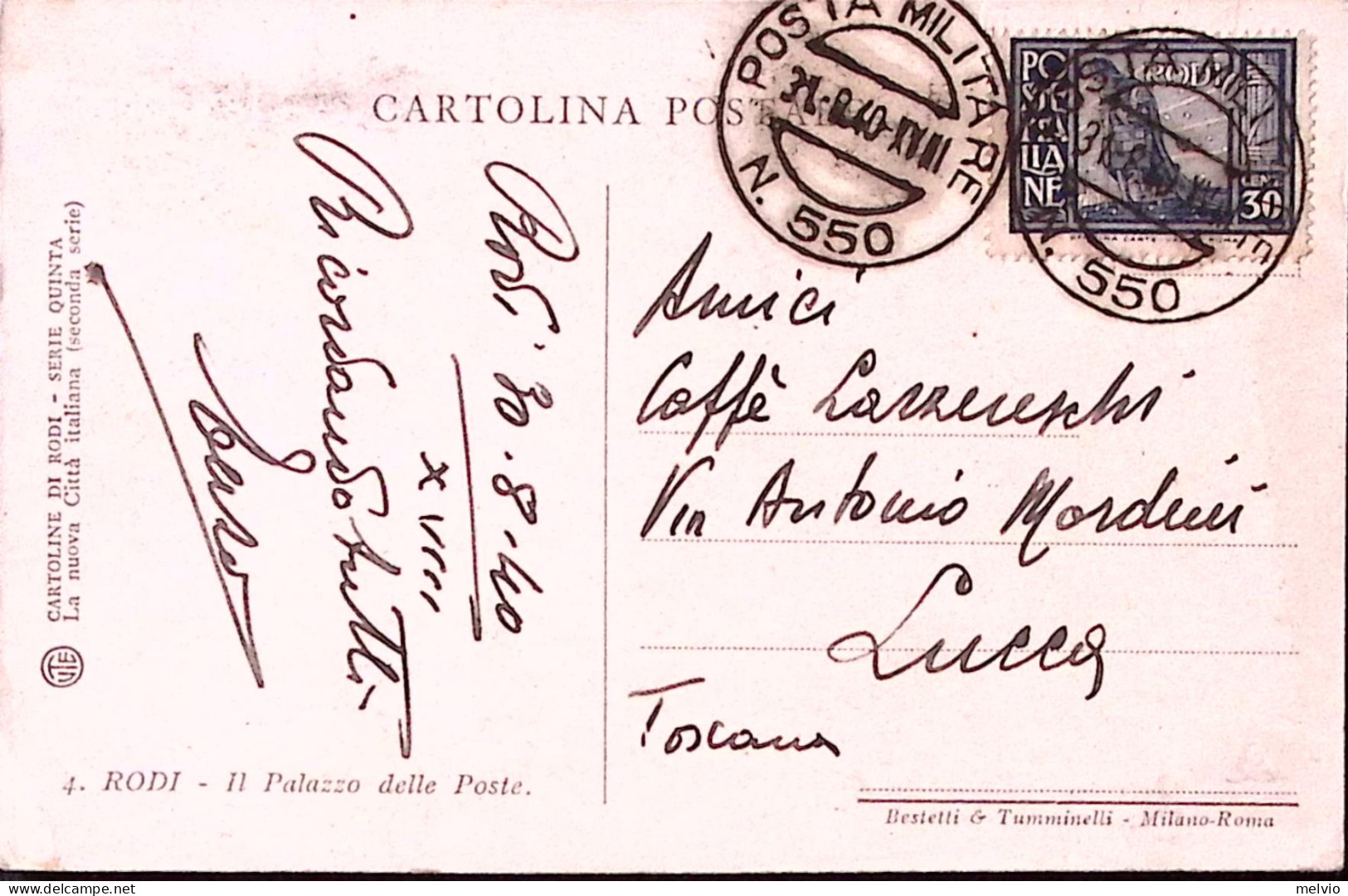 1940-Posta Militare 550 C.2 (31.8) Su Cartolina (Rodi Palazzo Delle Poste) Affra - Ägäis (Rodi)