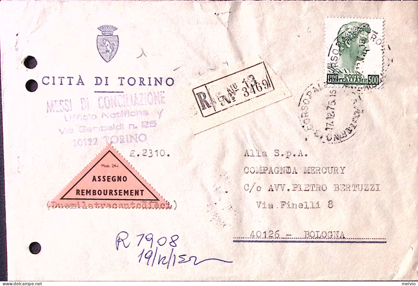 1975-DONATELLO Lire 500 (810A) Isolato Su Raccomandata C/assegno Torino (17.12)  - 1971-80: Poststempel