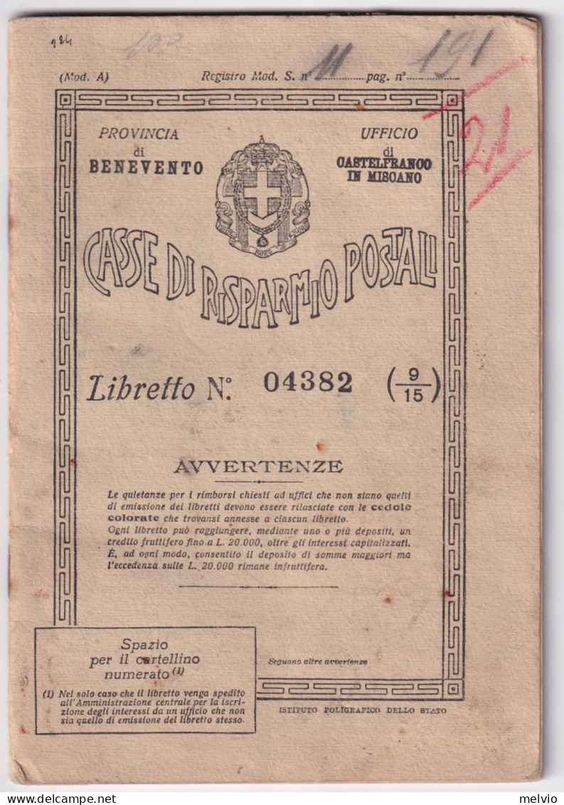 1941-LIBRETTO CASSE RISPARMIO POSTALI Completo (22 Pagine) Rilasciato Castelfran - Historical Documents