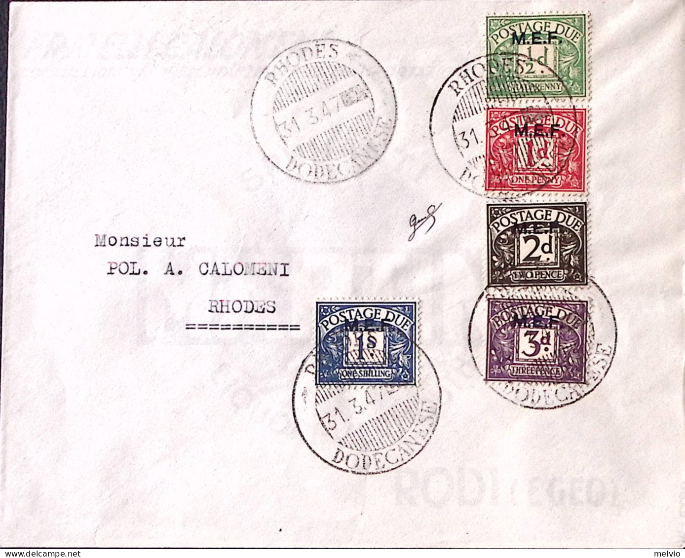 1947-M.E.F. Segnatasse Serie Cpl. (1/5) Su Busta Annull. Rhodes (31.3.47 Ultimo  - Britse Bezetting MEF