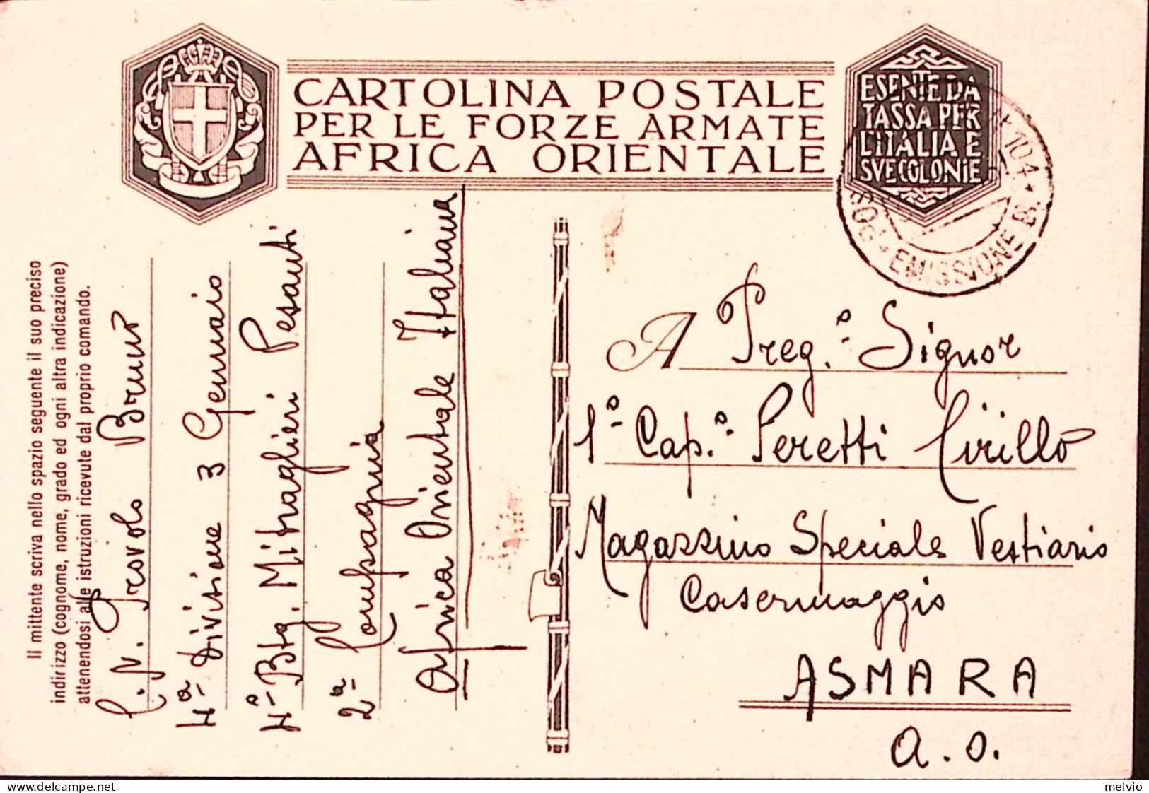 1936-Posta Militare N 104/EMISSIONE B C.2 (29.7) Su Cartolina Franchigia Carta A - Eritrea