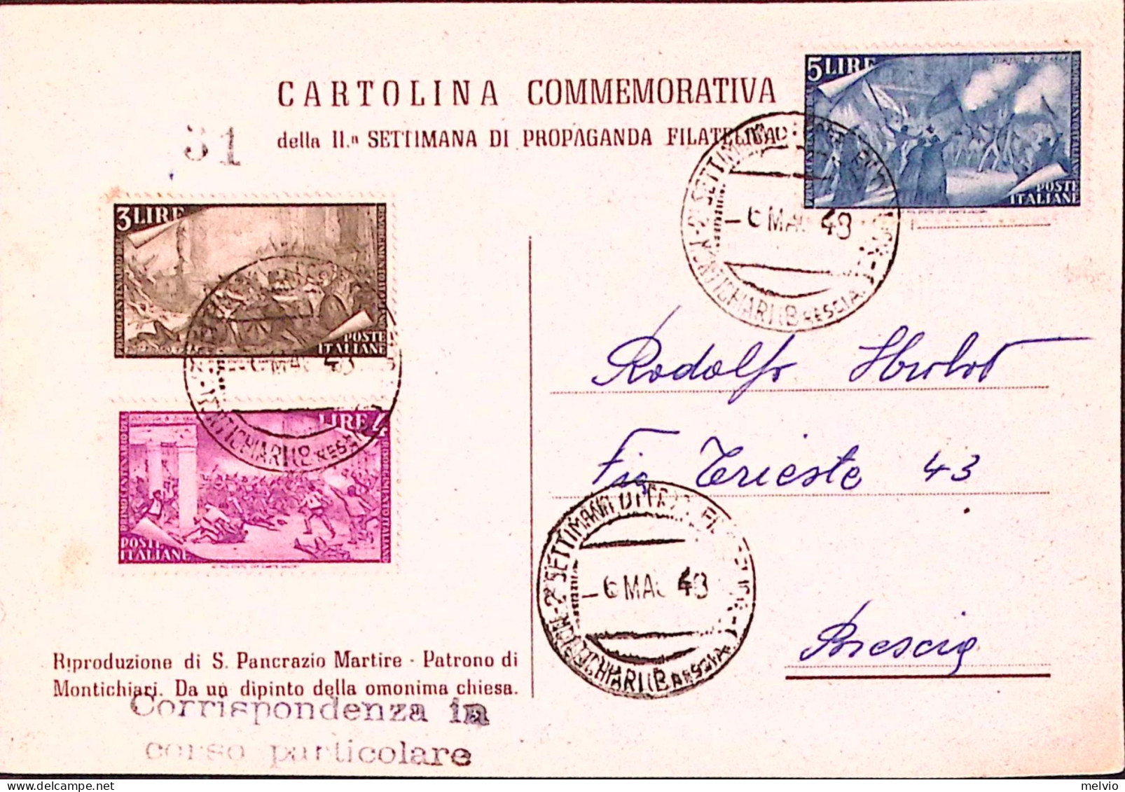1949-SETTIMANA PROPAGANDA FILATELICA Timbro Speciale Montichiari (6.5) Su Cartol - Demonstrationen