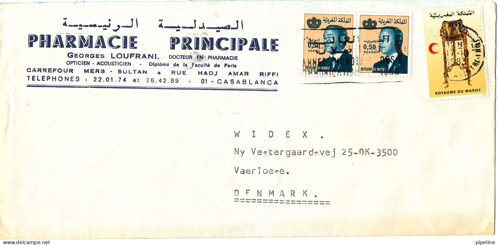 Morocco Cover Sent To Denmark 17-10-1983 RED CROSS Stamp + Other - Morocco (1956-...)
