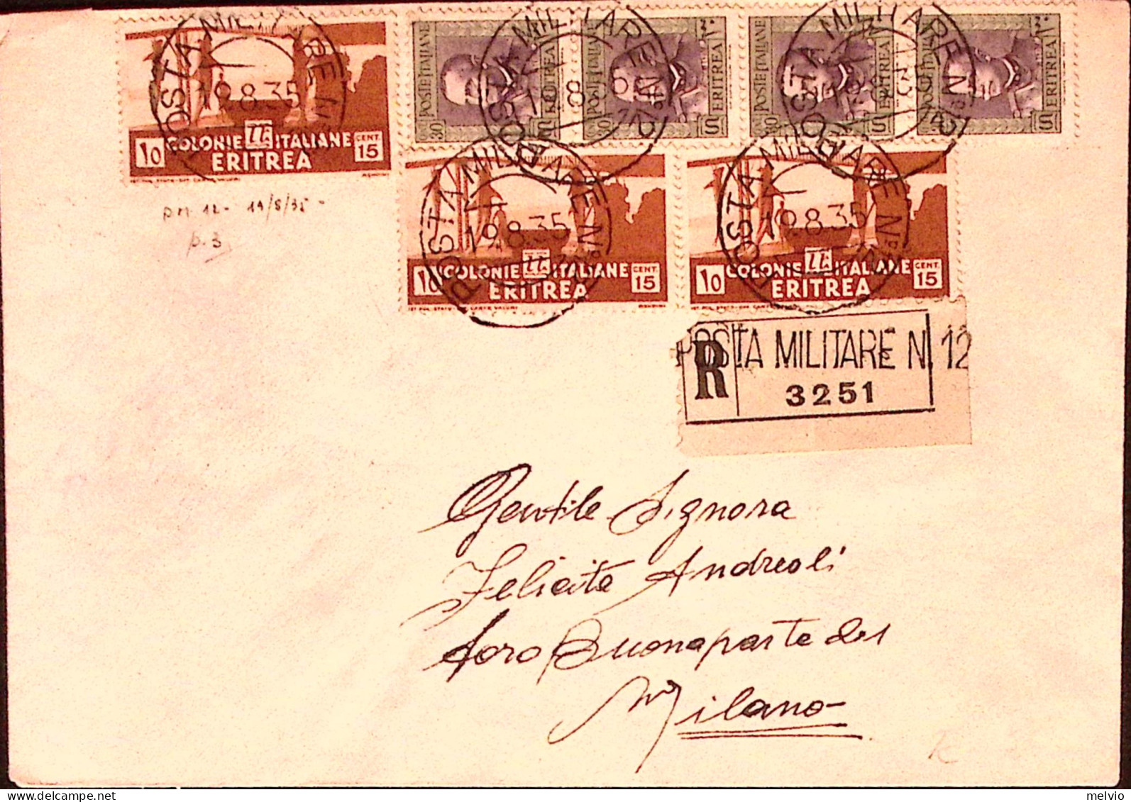 1936-Posta Militare N 12 C.2 (11.8) E Lineare Su Raccomandata Affrancata Eritrea - Erythrée