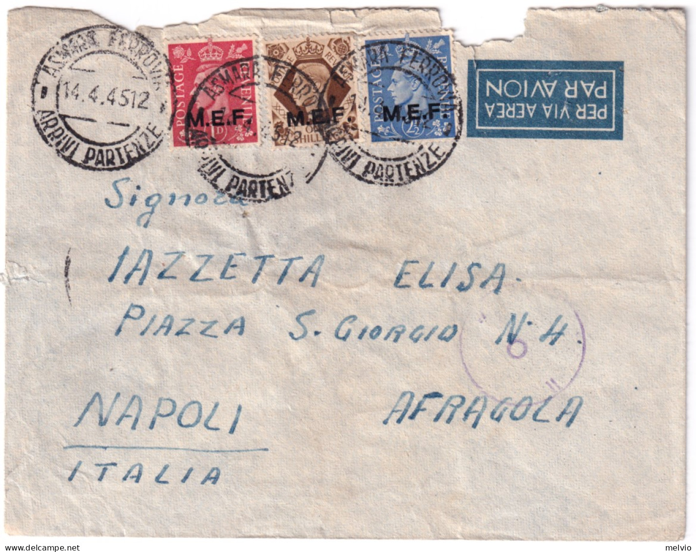 1945 M.E.F. P.1/2, 1 E S.1 Su Busta Via Aerea Asmara (14.4) Per L'Italia - Occ. Britanique MEF