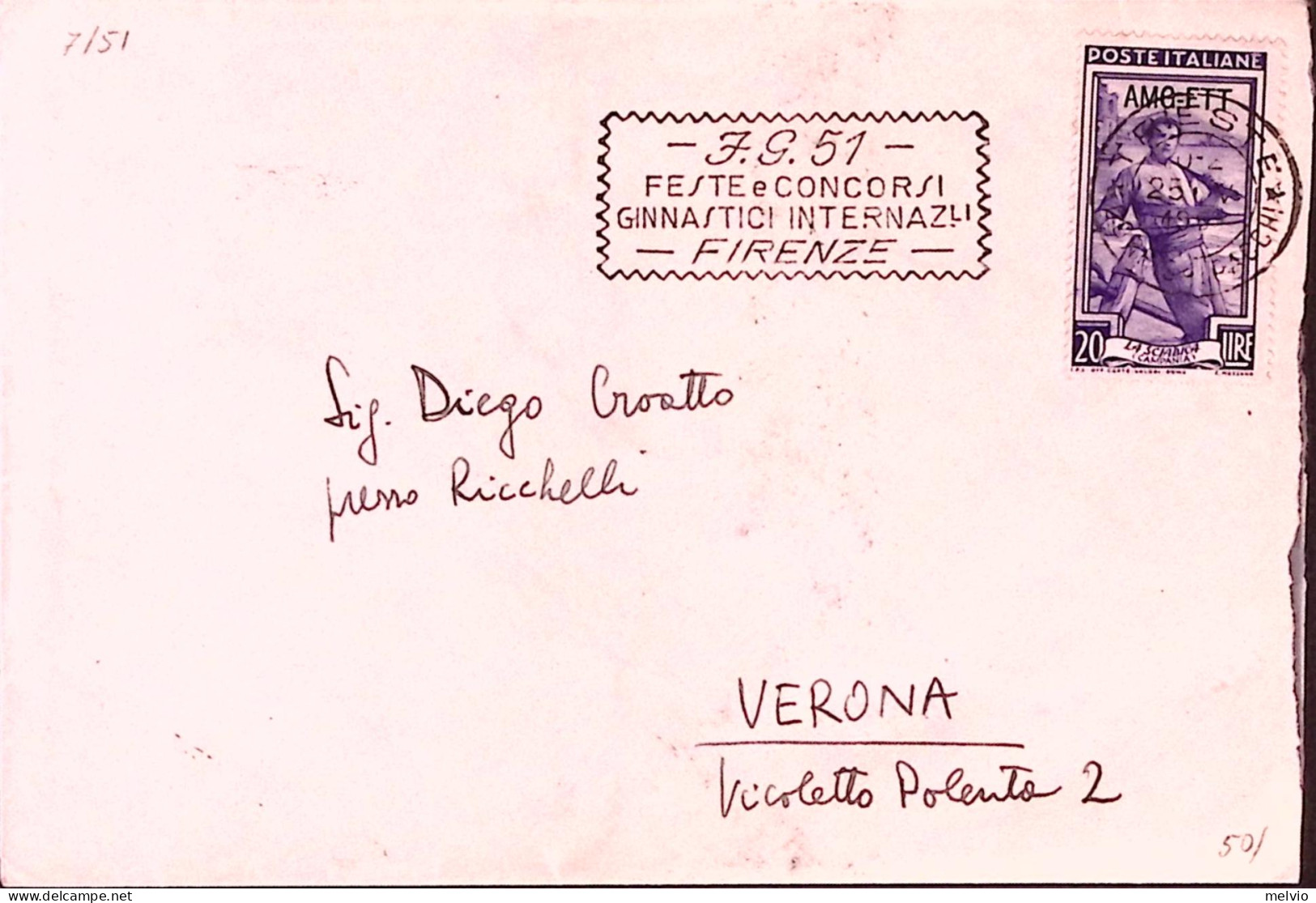 1951-AMG-FTT Targhetta CONCORSI GINNICI INTERN FIRENZE (25.4) - Storia Postale