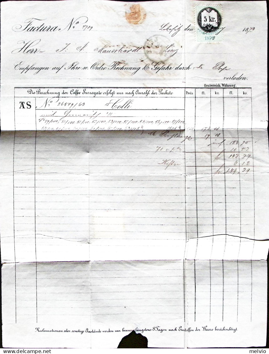 1873-AUSTRIA Lobositz C1 (24.6) Su Fattura (marca Bollo Kr.5) Testo Completo Aff - Sonstige & Ohne Zuordnung