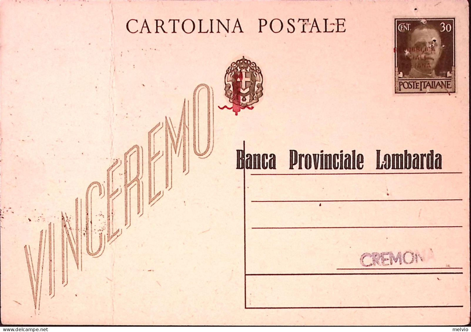 1944-CARTOLINA POSTALE C.30 Sopr. RSI Con Stampa Privata Banca Provinciale Lomba - Interi Postali