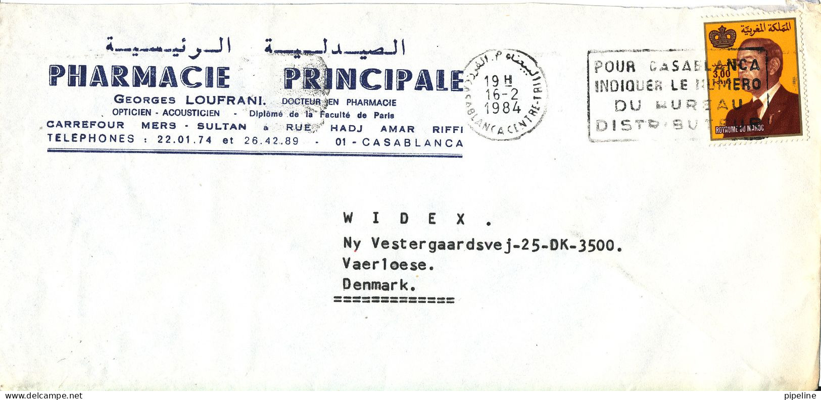 Morocco Cover Sent To Denmark 16-2-1984 Single Franked - Morocco (1956-...)