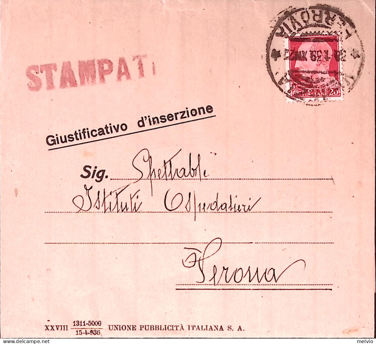 1939-Imperiale C.20 Isolato Su Fascetta Stampe Venezia (30.1) - Marcofilía