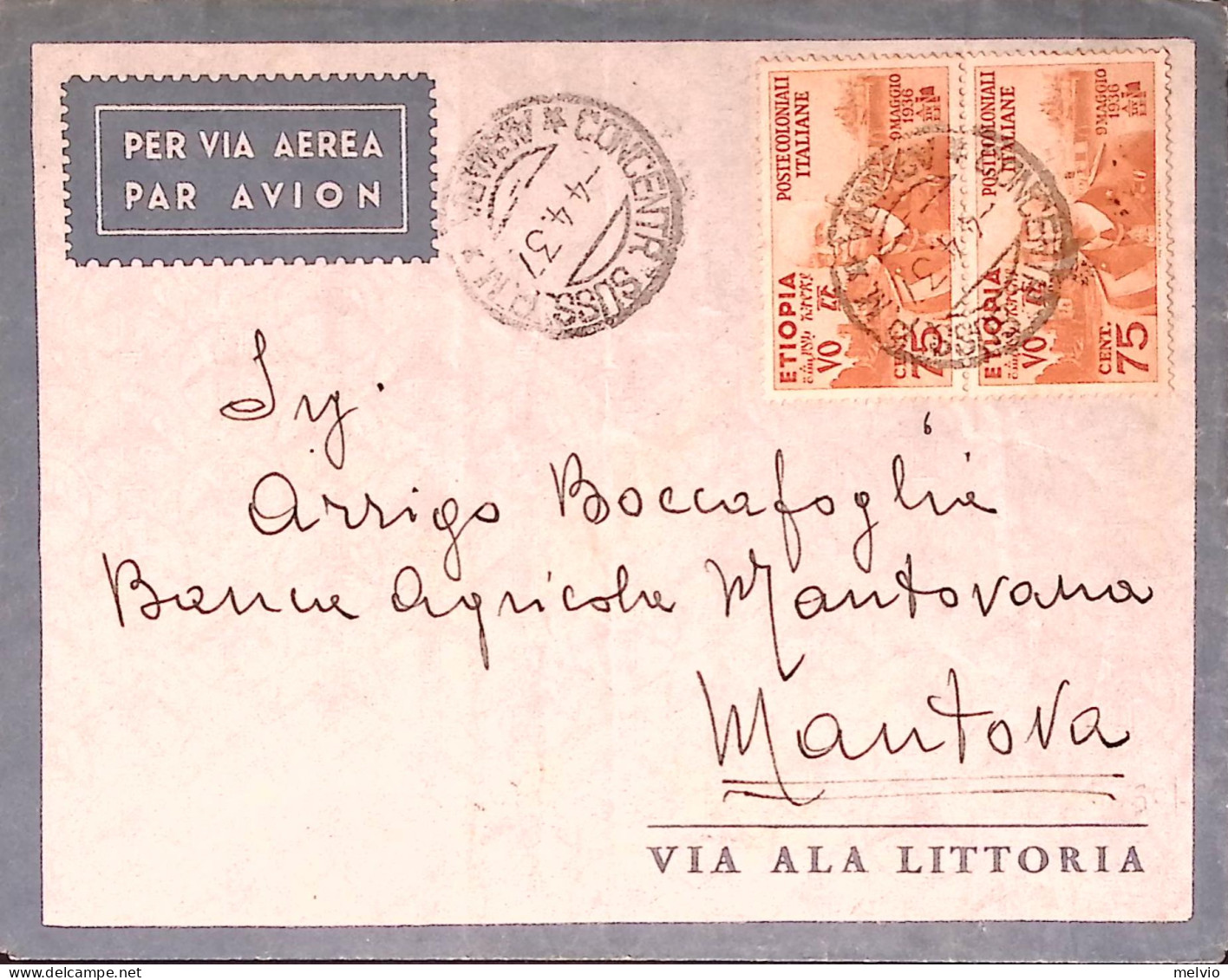 1937-CONCENTR. SUSS. P.M./ASMARA (4.4) Su Busta Via Aerea Affr. Etiopia Coppia C - Ethiopie