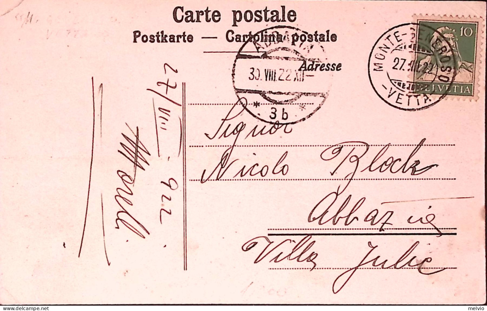 1922-Svizzera Monte-Nevoso/Vetta C.2 (28.8) Su Cartolina Per Abbazia - Poststempel