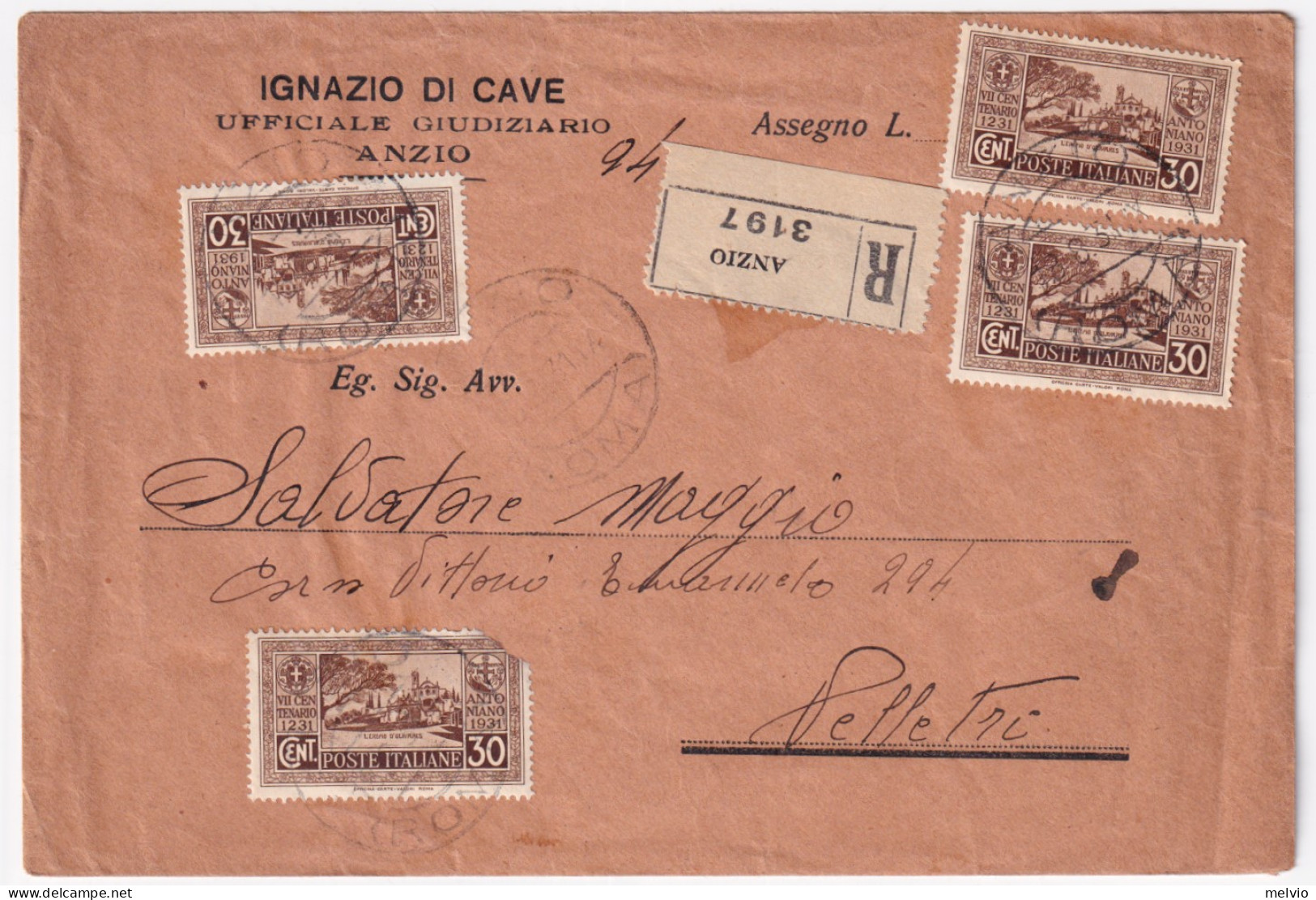1931-S. ANTONIO 4 C.30 (294 1 Difett.) Su Notificazione Atti Giudiziari Anzio (7 - Marcofilía