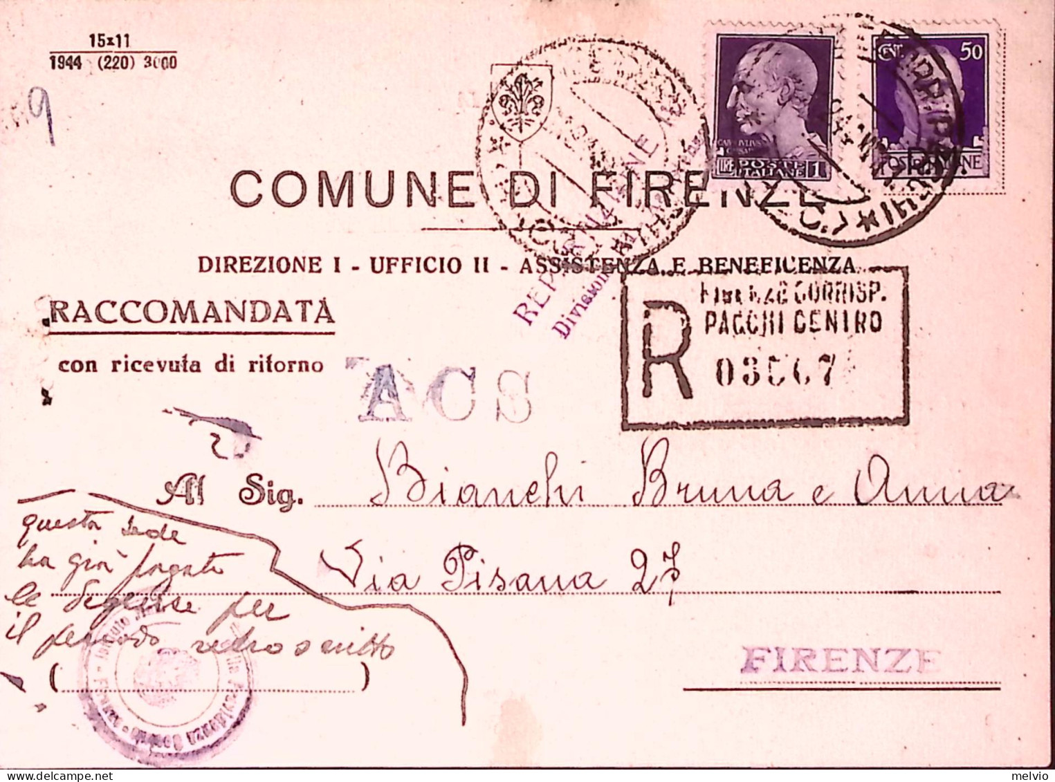 1944-Imperiale Sopr. PM C.50 (7) + Imperiale Lire 1 (252A) Su Cartolina Raccoman - Marcofilía