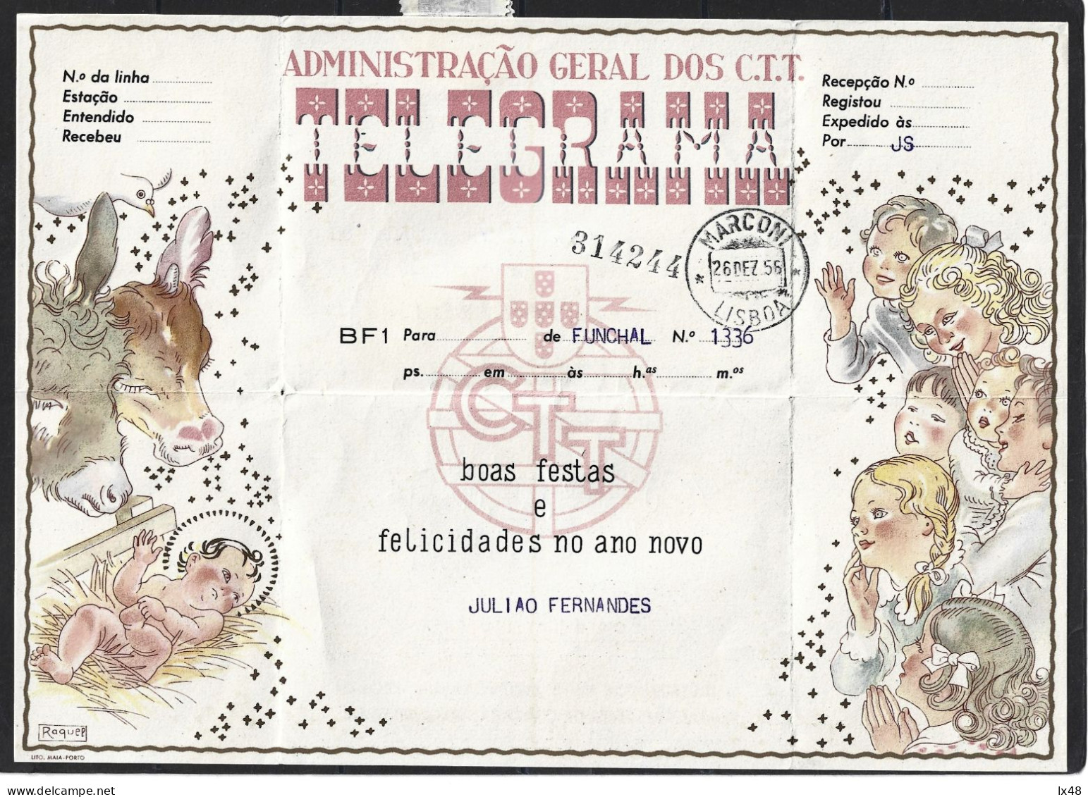 Christmas Telegram With Obliteration Radio Marconi 1955. Dumb. Cow. Kersttelegram Vernietiging Radio Marconi. Stom. Koe - Weihnachten