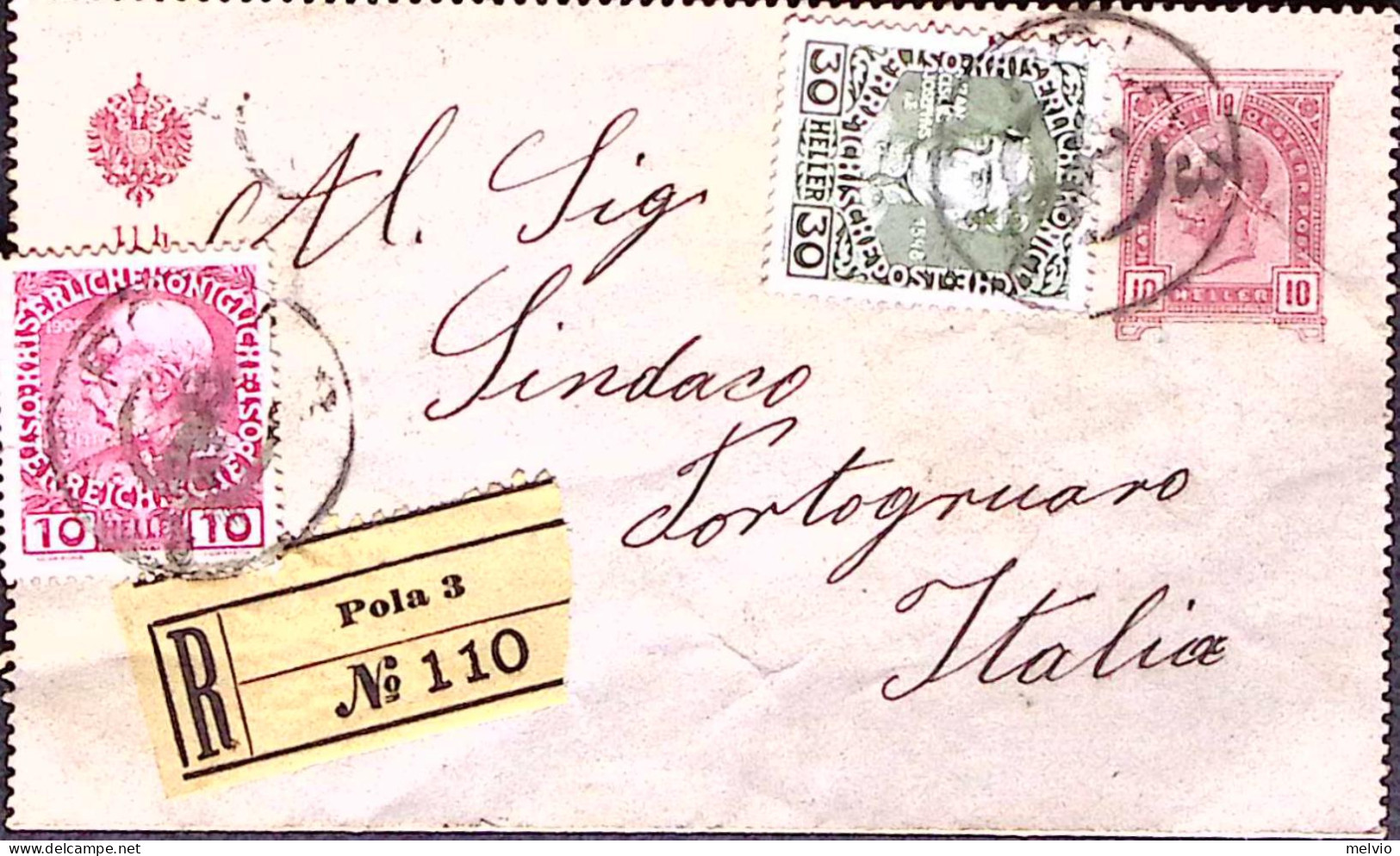 1908-AUSTRIA Biglietto Postale H.10 + 50 Regno H.10 E 30 Raccomandato Pola (27.8 - Other & Unclassified