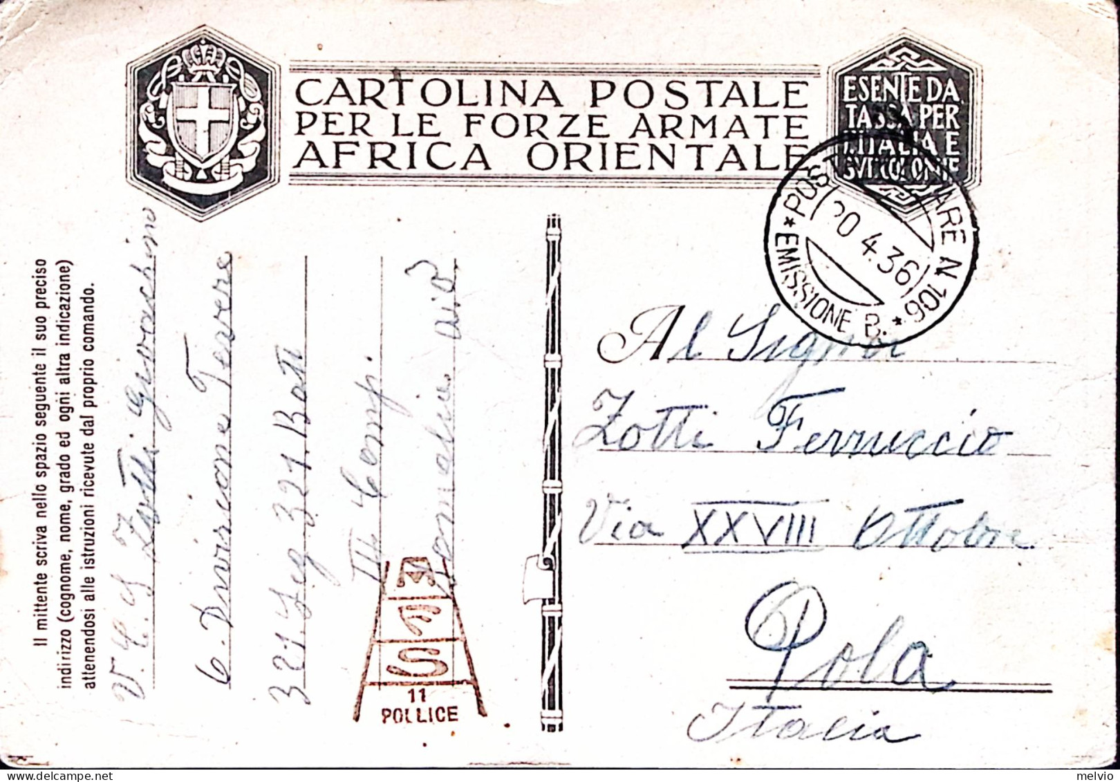 1936-Posta Militare N 106/EMISSIONE B C.2 (30.4) Su Cartolina Franchigia (Carta  - Italiaans Oost-Afrika