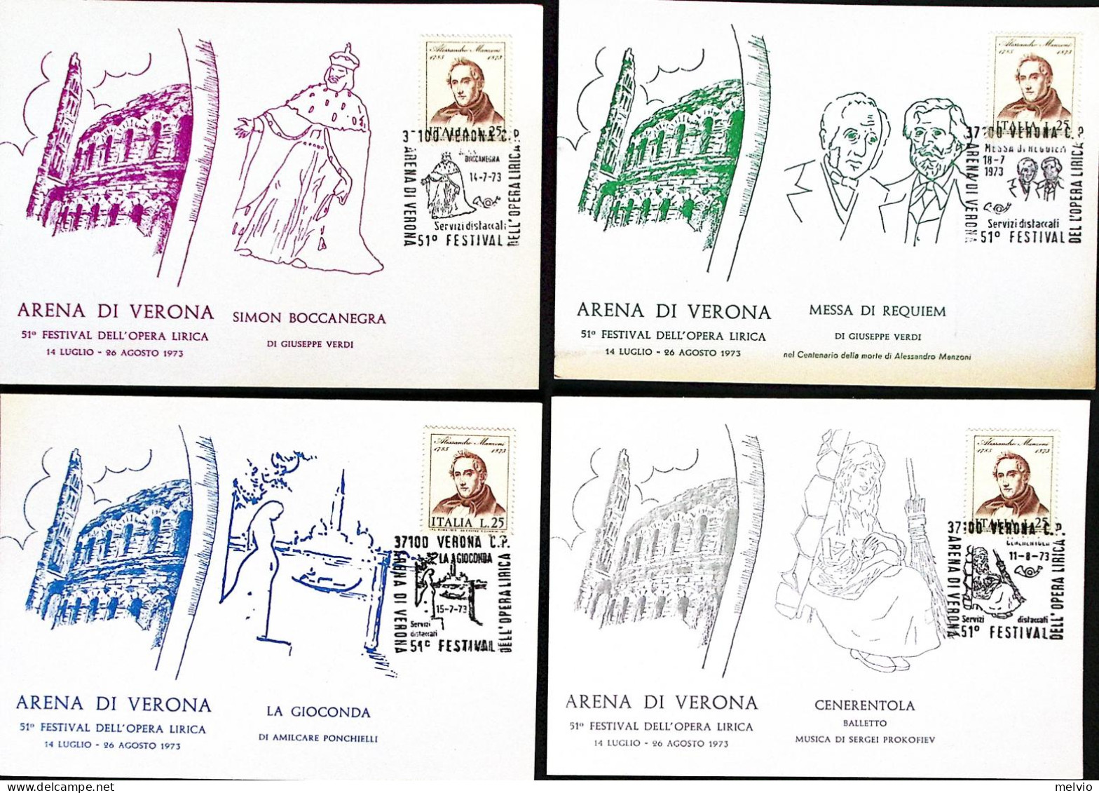 1973-VERONA 51 Festival Opera Lirica Sei Cartoline Con Annulli Speciali Delle Va - Musique
