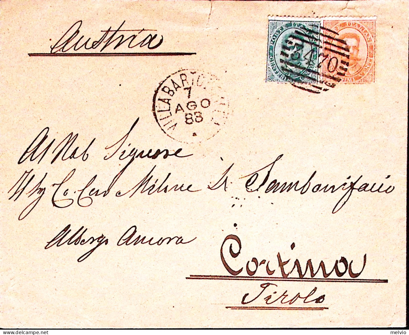 1883-VILLABARTOLOMEA C1+sbarre (7.8) Su Busta Affrancata C.5 E 20 Per L'Austria - Marcophilia