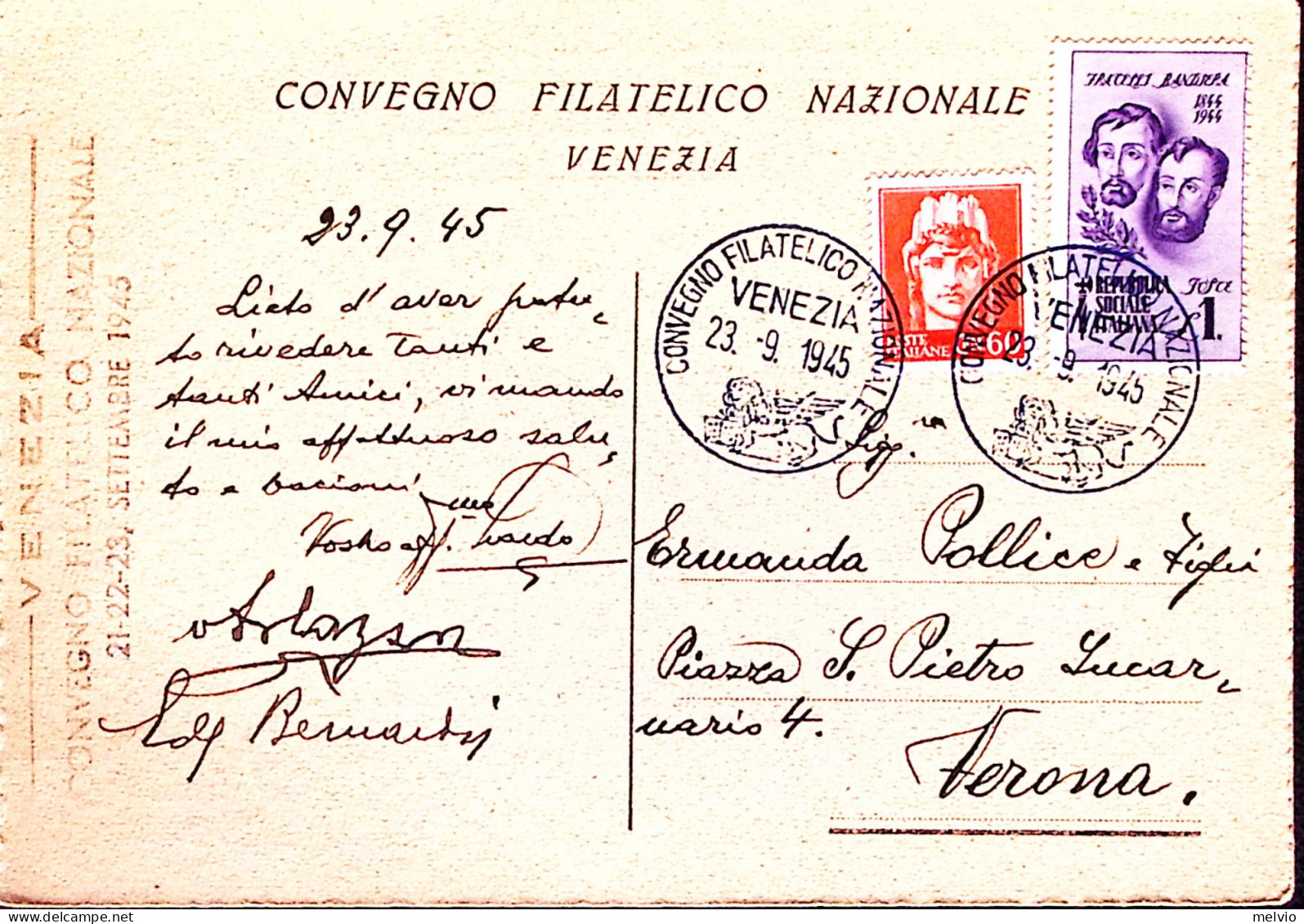 1945-Venezia Convegno Filatelico Nazionale (23.9) Su Cartolina Viaggiata Affranc - Storia Postale