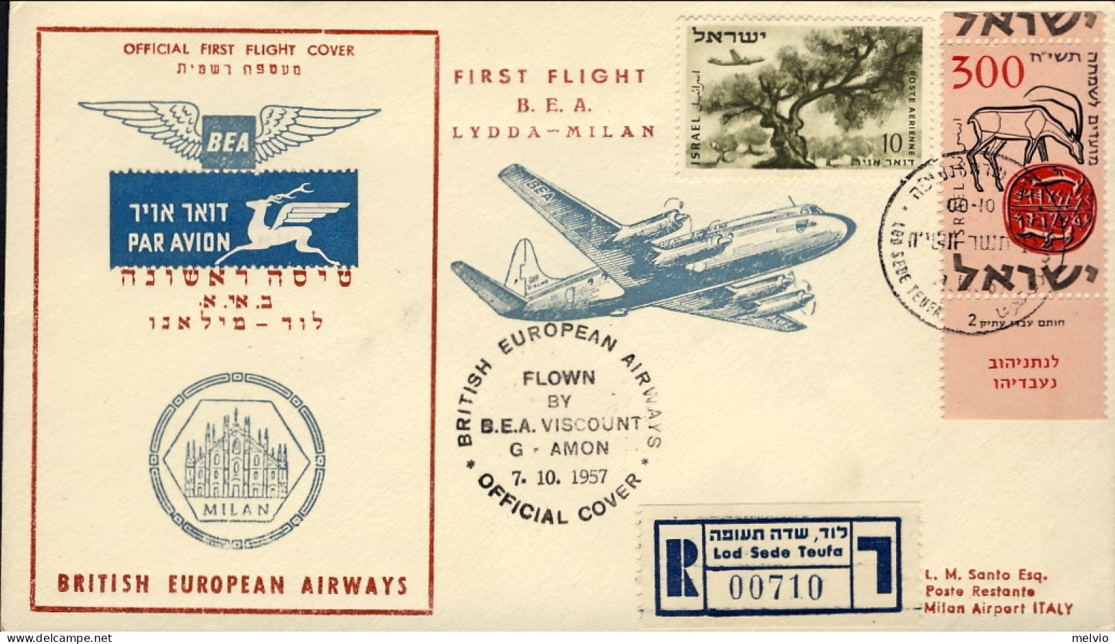 1957-Israele Raccomandata I^volo BEA Lydda Milano Del 7 Ottobre Cat.Pellegrini E - Autres & Non Classés