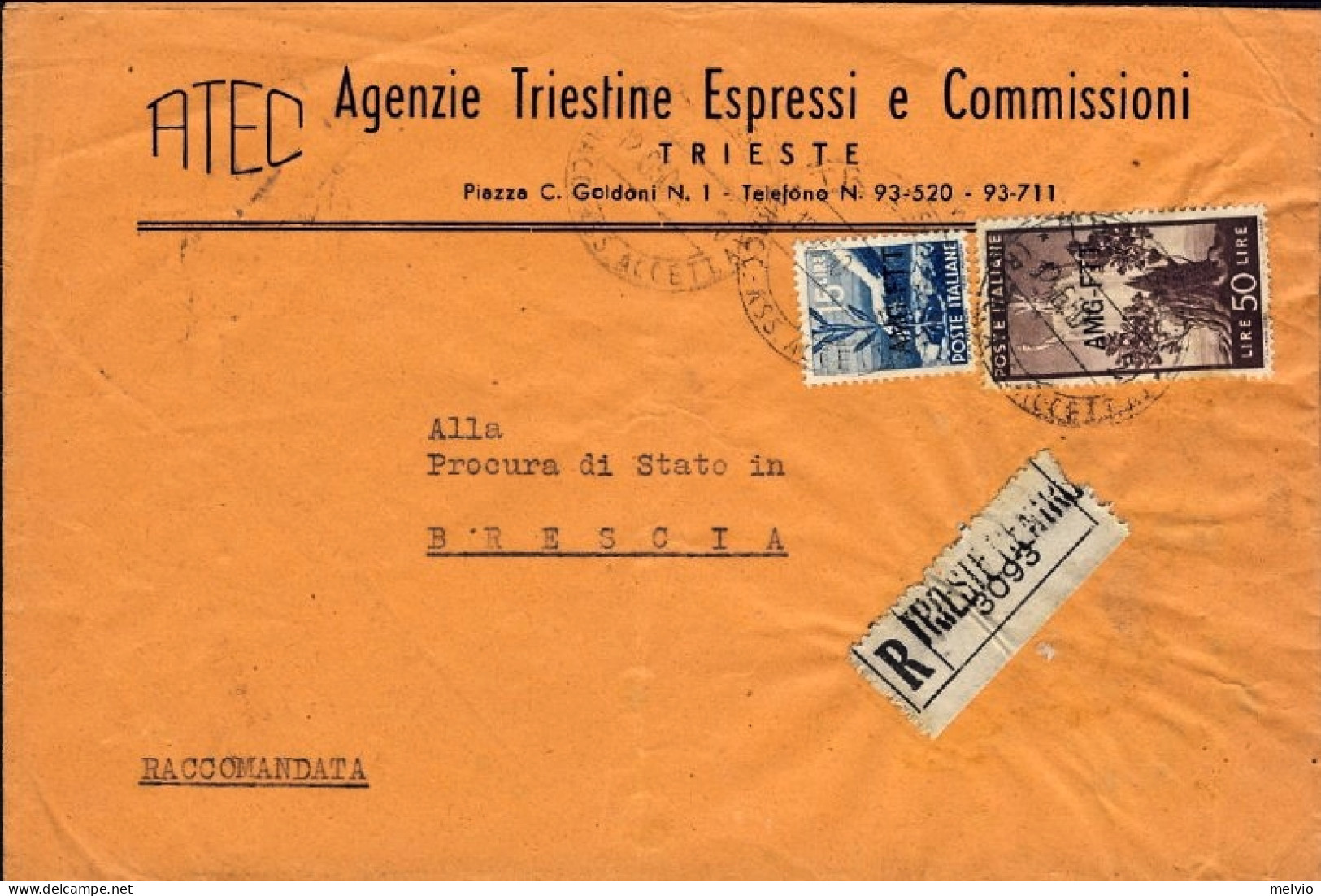 1950-Trieste A Busta Raccomandata Affr. L.15+L.50 Democratica Al Verso Annullo D - Marcophilie