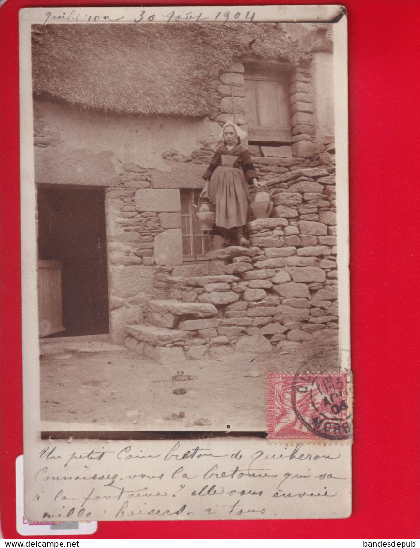 CPA Carte Photo Quiberon Jeune Fille Devant Maison Pot Grès Fontaine écrite Sergent 1904 Vers Noisy Le Sec - Quiberon