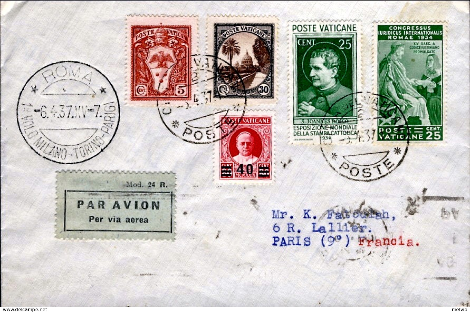 Vaticano-1937 Volo Milano Parigi Con Timbro Roma I^volo Milano Torino Parigi Del - Airmail