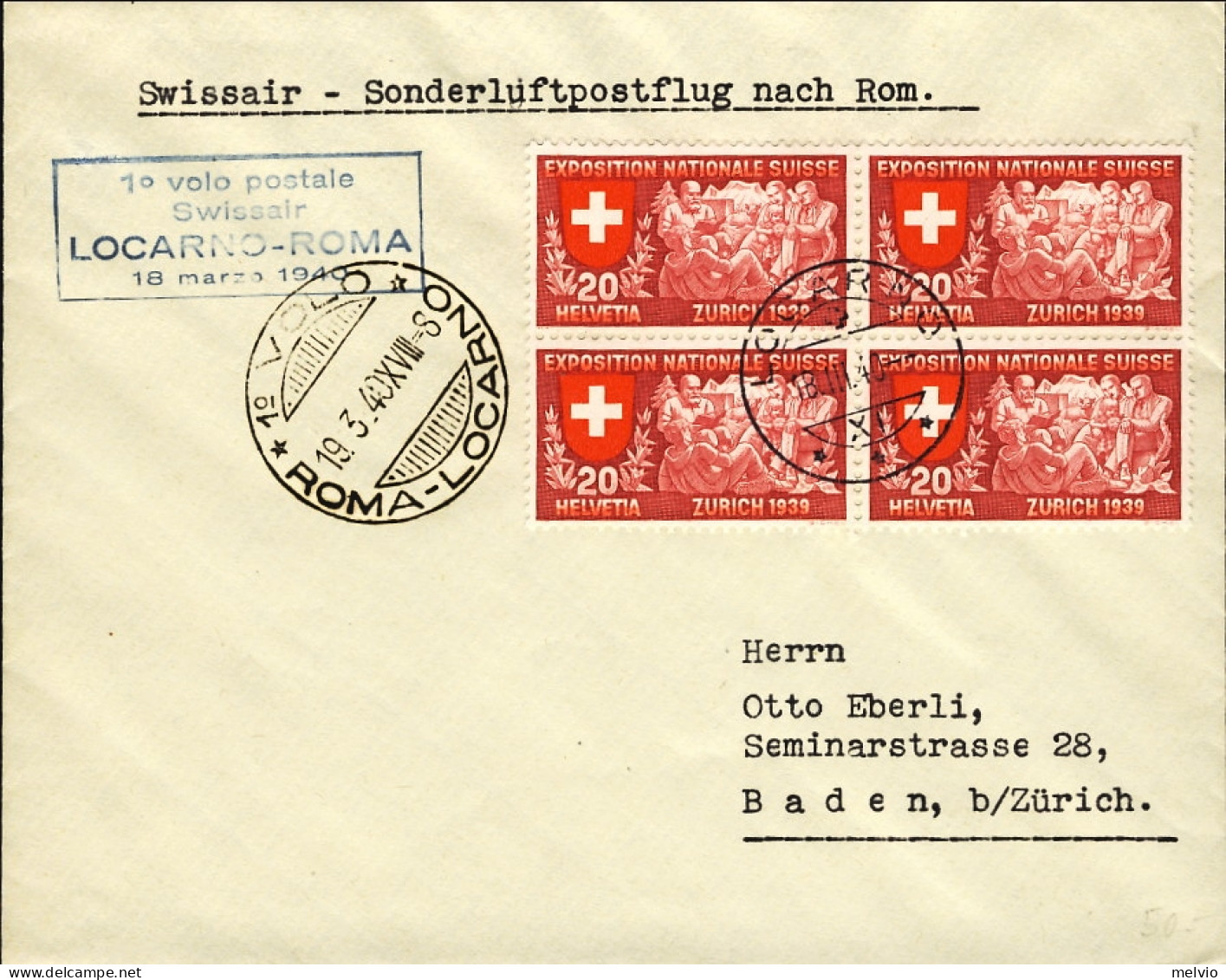 1940-Svizzera I^volo Postale Swissair Locarno Roma Del 18 Marzo - Premiers Vols